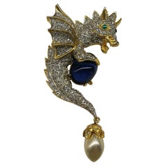Vintage Very large gilt metal and paste 'greedy dragon' brooch, Kenneth Jay Lane, 1960s