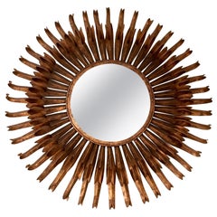 Very Large, Gilt Metal Eyelash Sunburst Mirror with Bevelled Circular Mirror