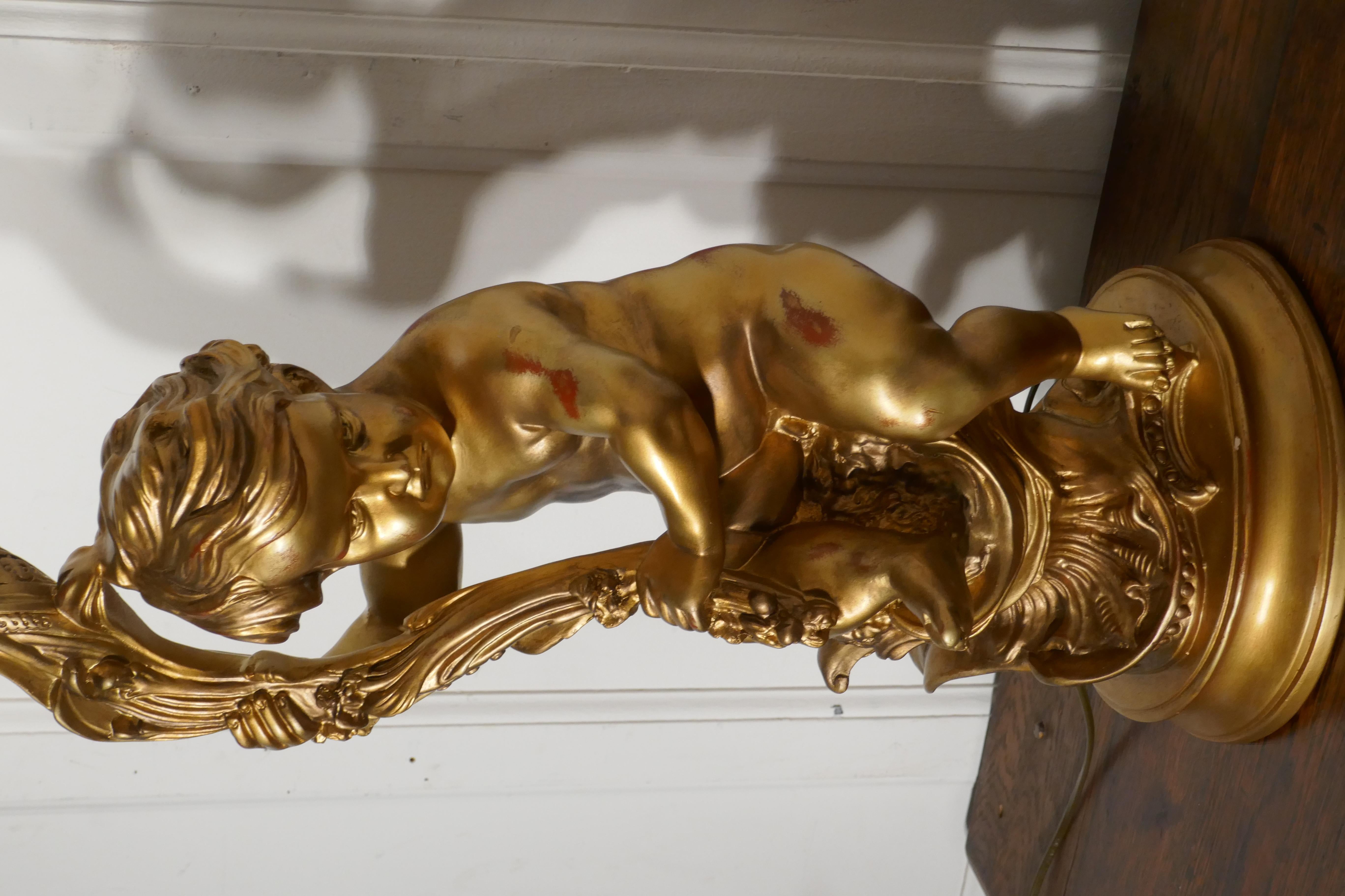 Huge Gilt Table Lamp in the form of a Cherub or Putti In Good Condition For Sale In Chillerton, Isle of Wight