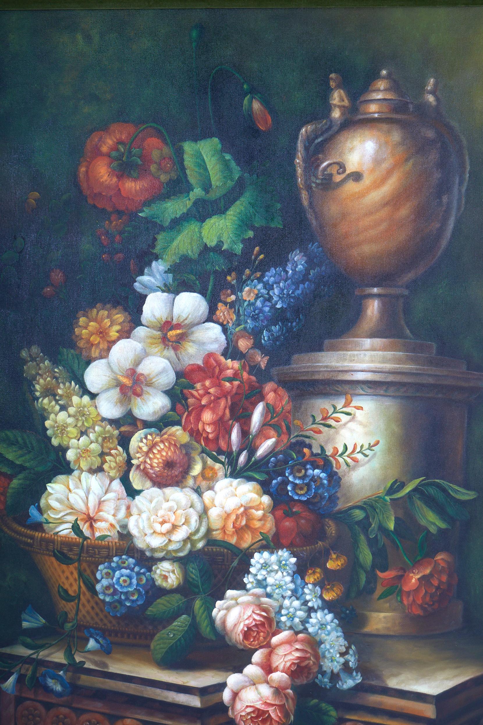 Very large gilt wood framed oil on canvas of floral still life painting. The oil on canvas is in great condition. Minor wear consistent with age / use. Artist signature on the lower left corner. The gilt wood frame measures 63 inches high X 51