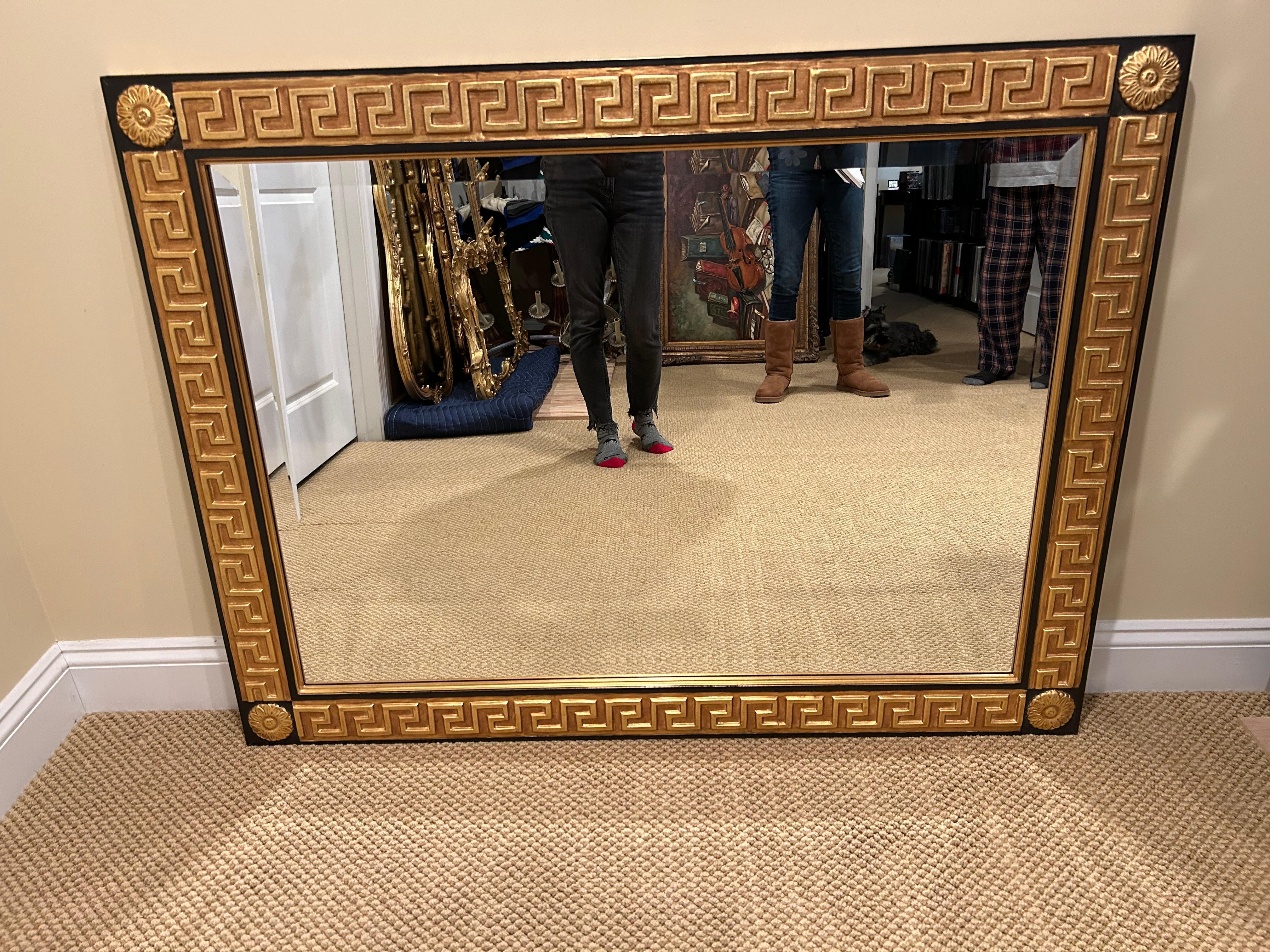 Gesso Very Large Glamorous Rectangular Greek Key Hollywood Regency Style Mirror For Sale