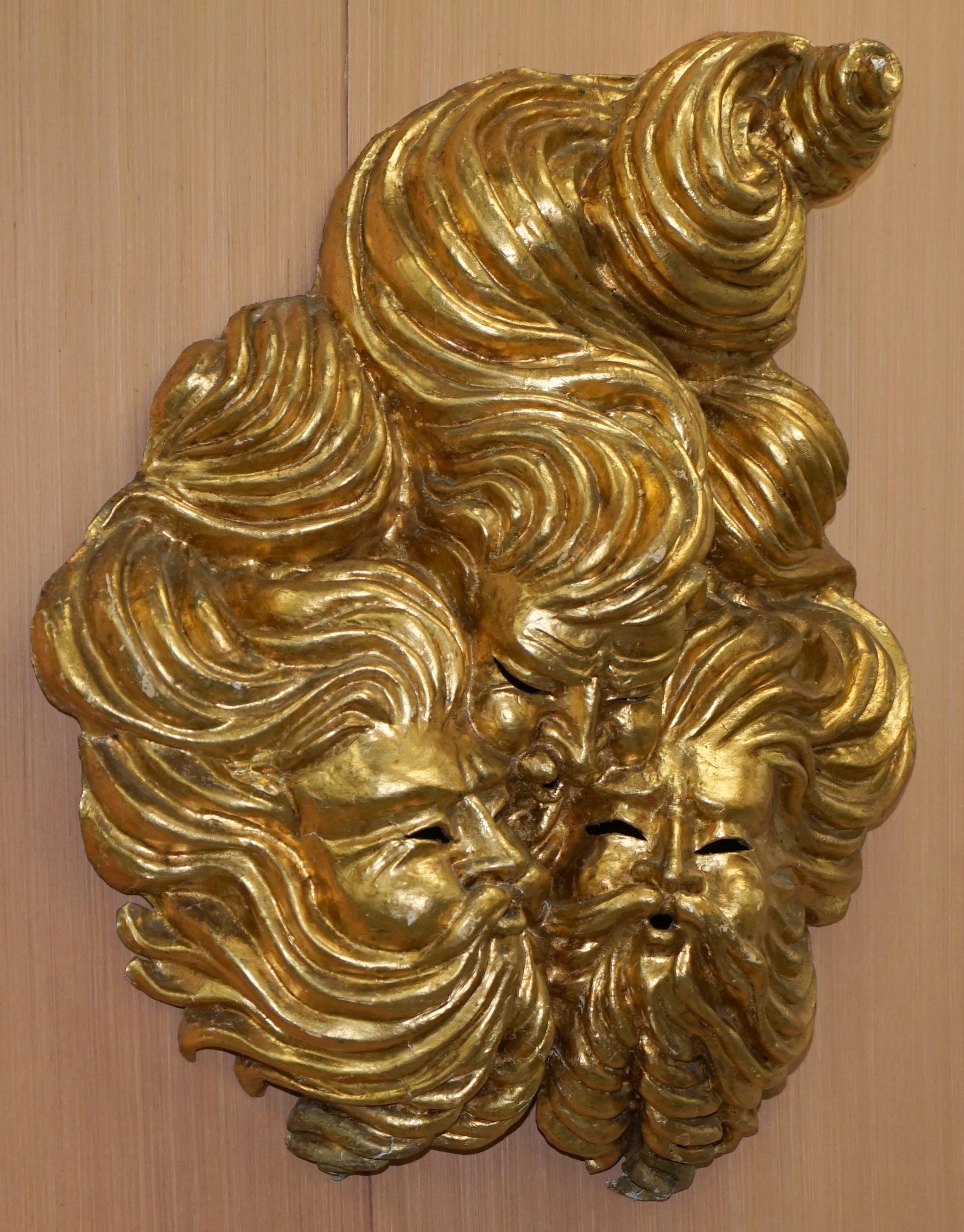 We are delighted to offer for sale this very rare and large gold leaf gilt wall sculpture in papier mache of the Gods of Wind

This is one of a pair, the second piece is half the size and has one gods head, its listed under my other items

They