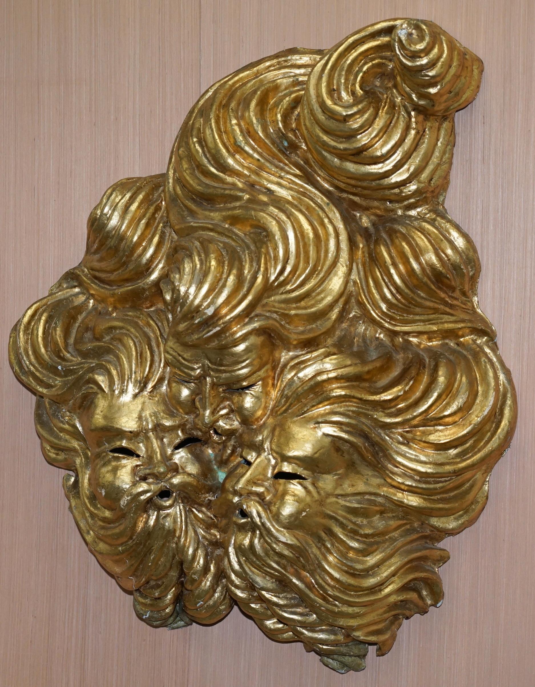 Modern Very Large Gold Gilt Papier Mâché Wall Hanging Mask of the Gods of Wind in Mask For Sale