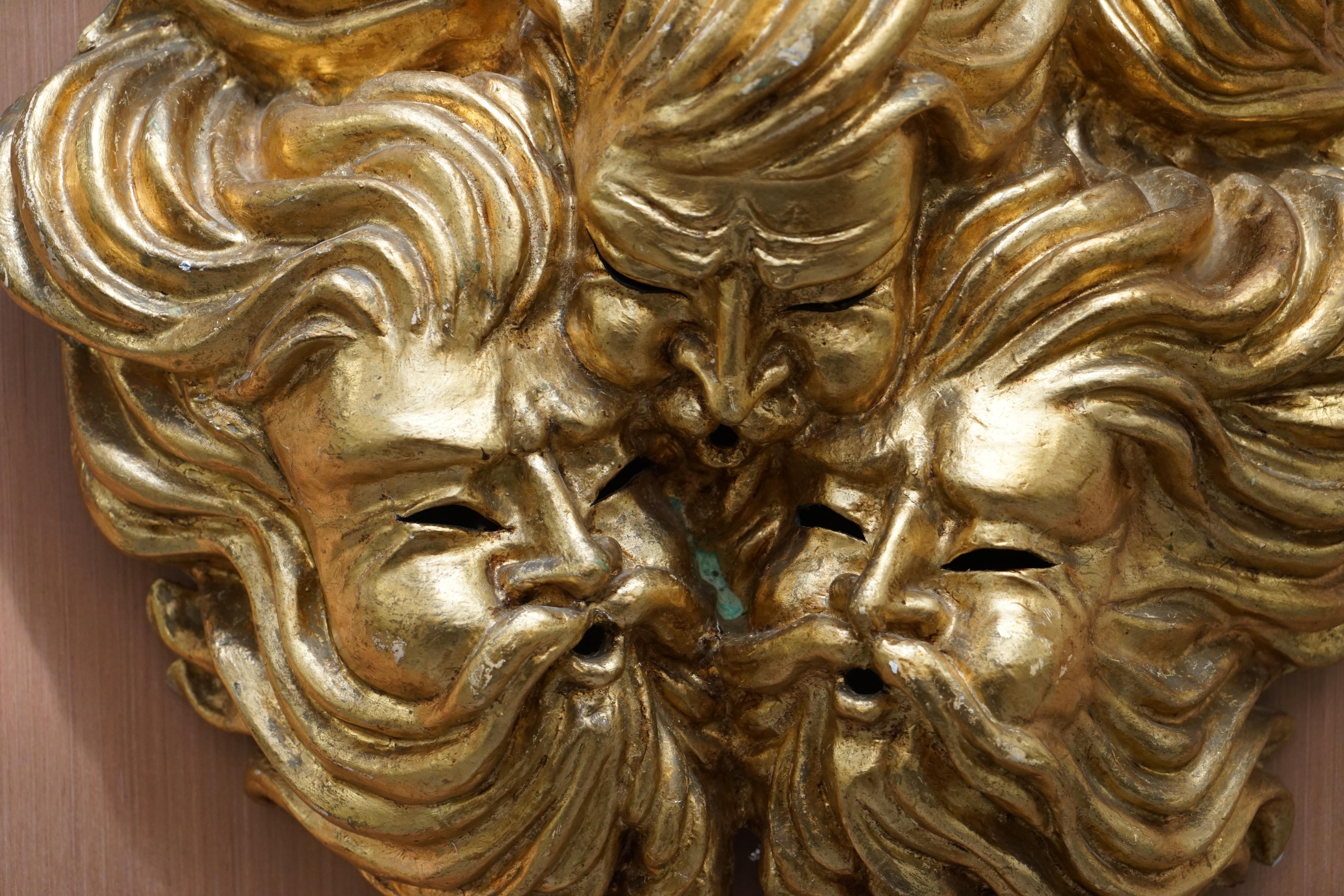 20th Century Very Large Gold Gilt Papier Mâché Wall Hanging Mask of the Gods of Wind in Mask For Sale