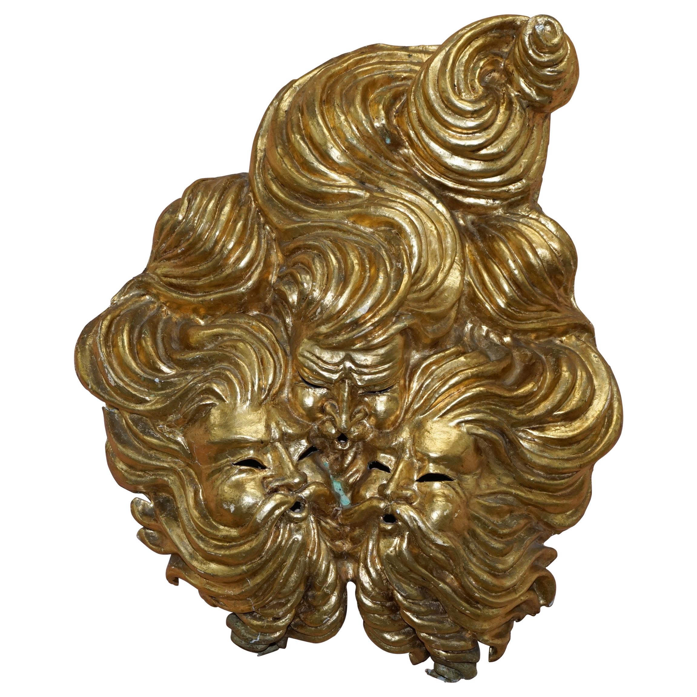 Very Large Gold Gilt Papier Mâché Wall Hanging Mask of the Gods of Wind in Mask