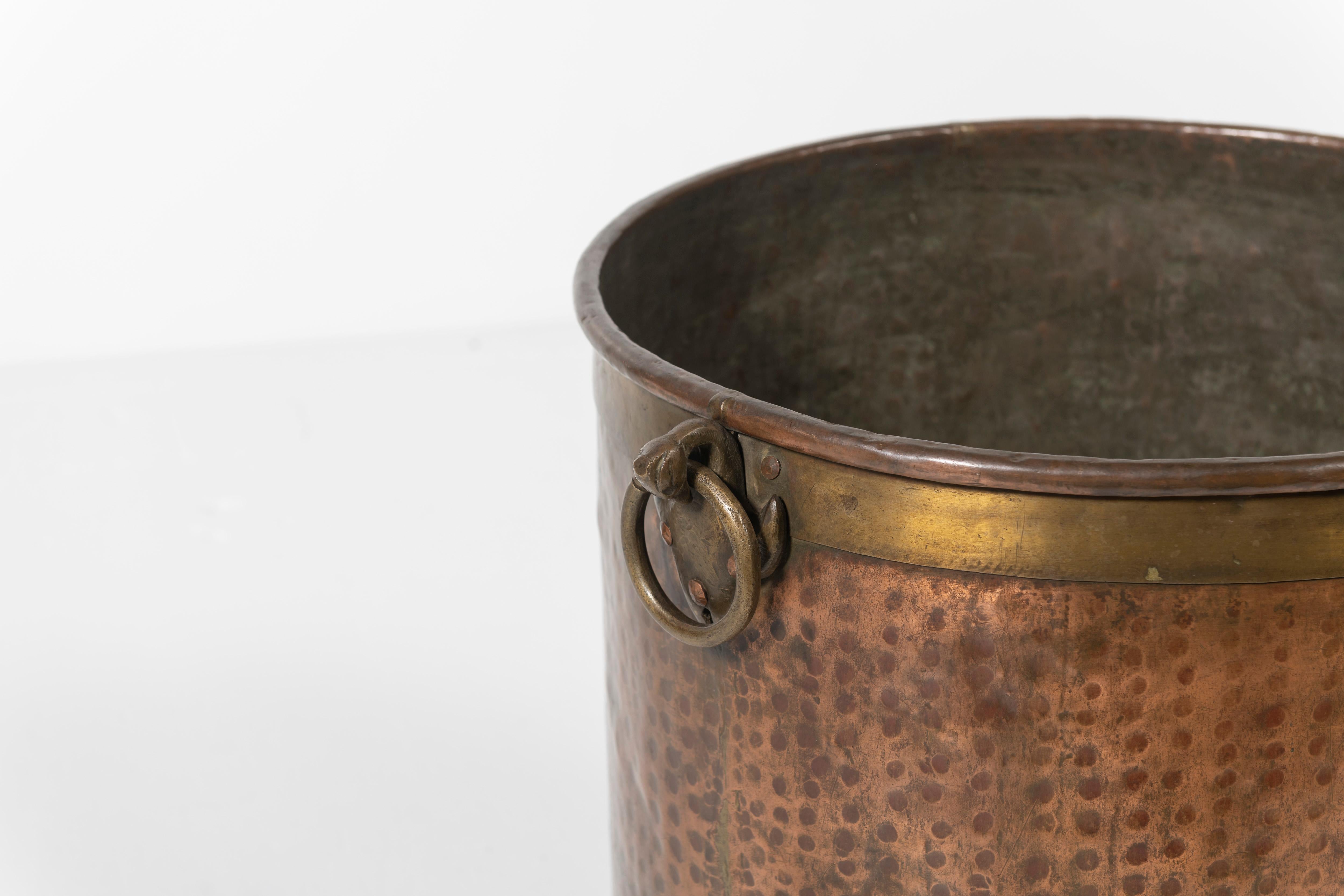 French Very Large Hammered Copper Planter with Brass Details