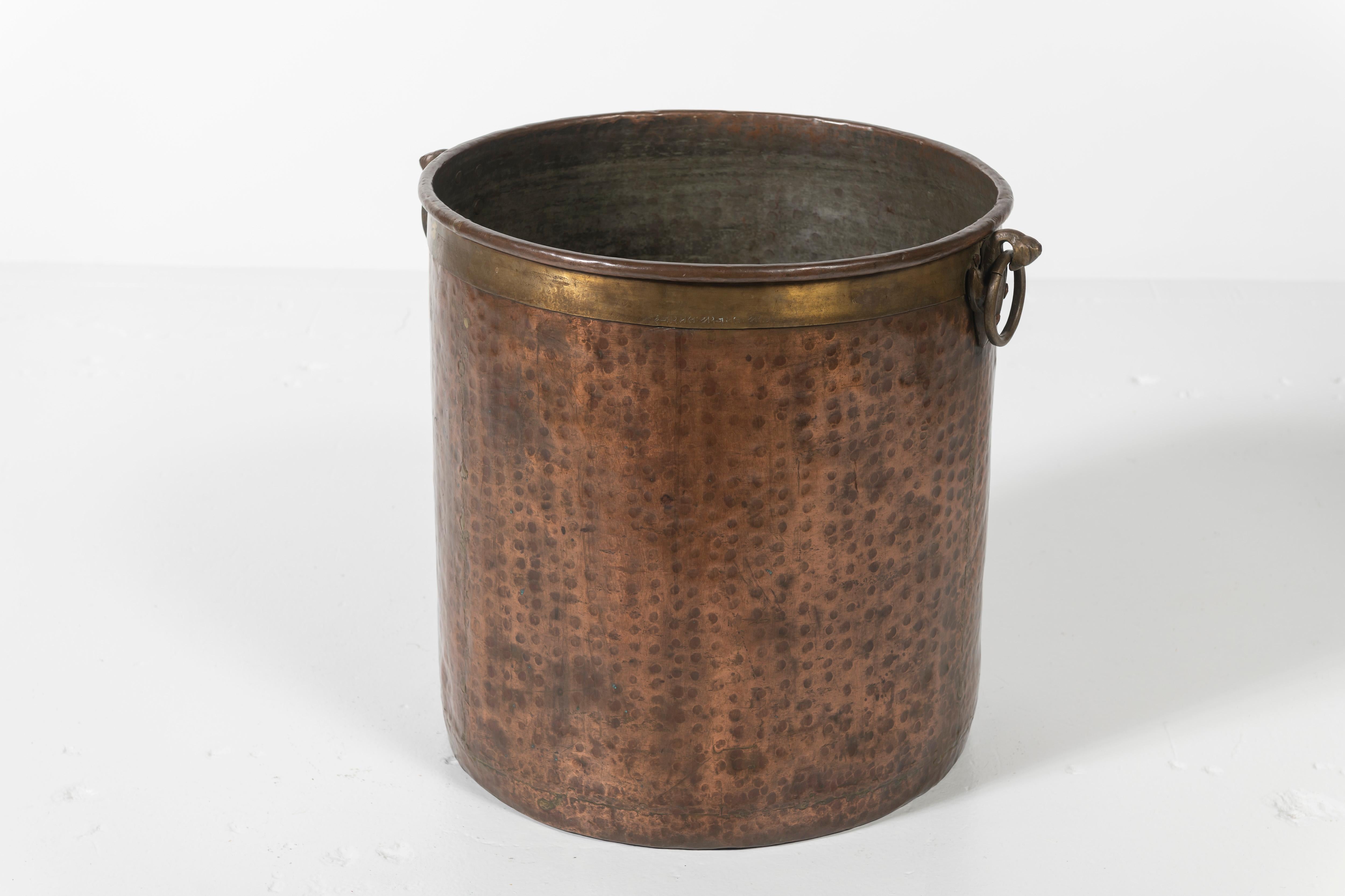 Very Large Hammered Copper Planter with Brass Details 1