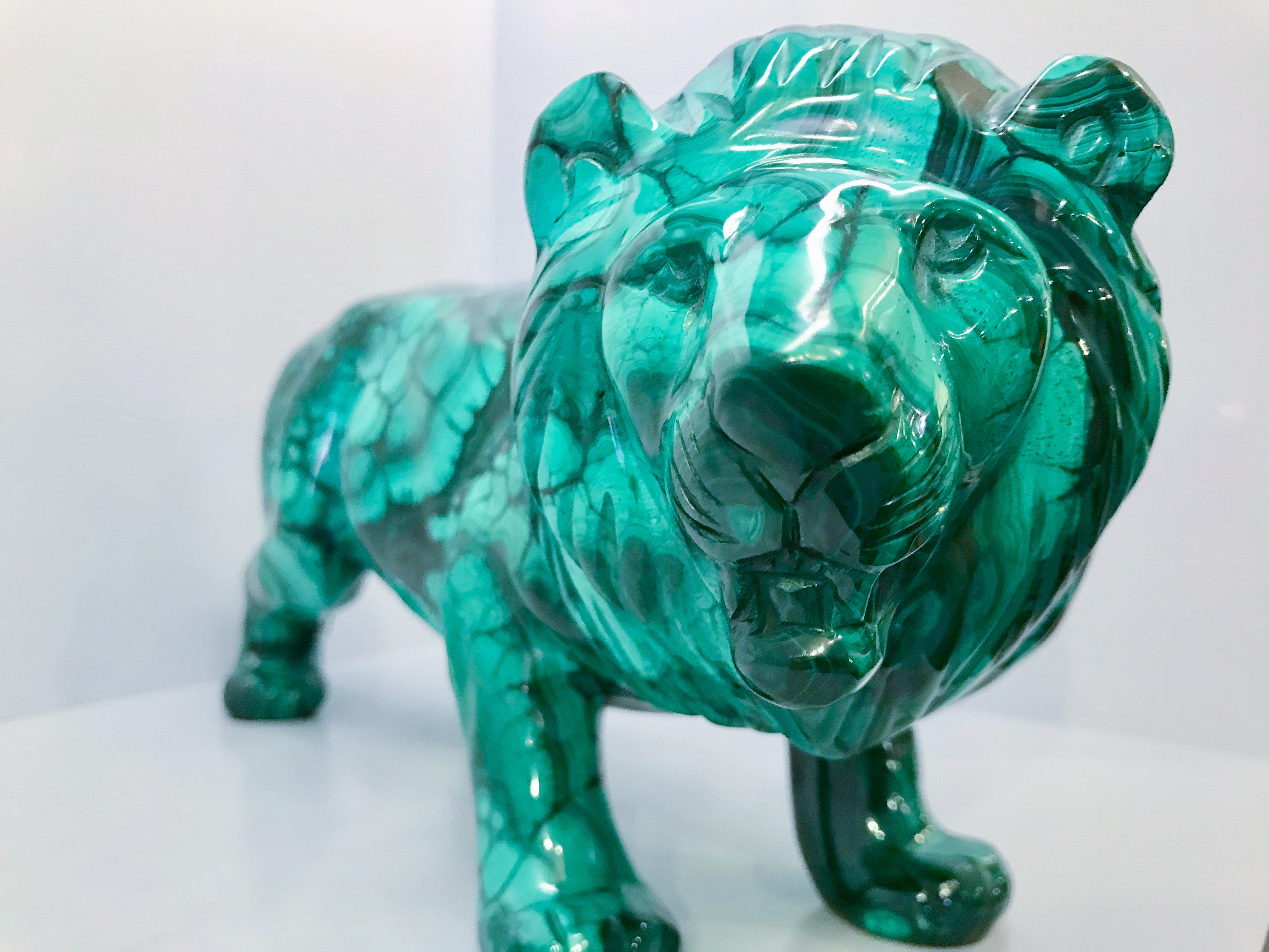 Contemporary Very Large Hand-Carved Malachite Lion from the Congo