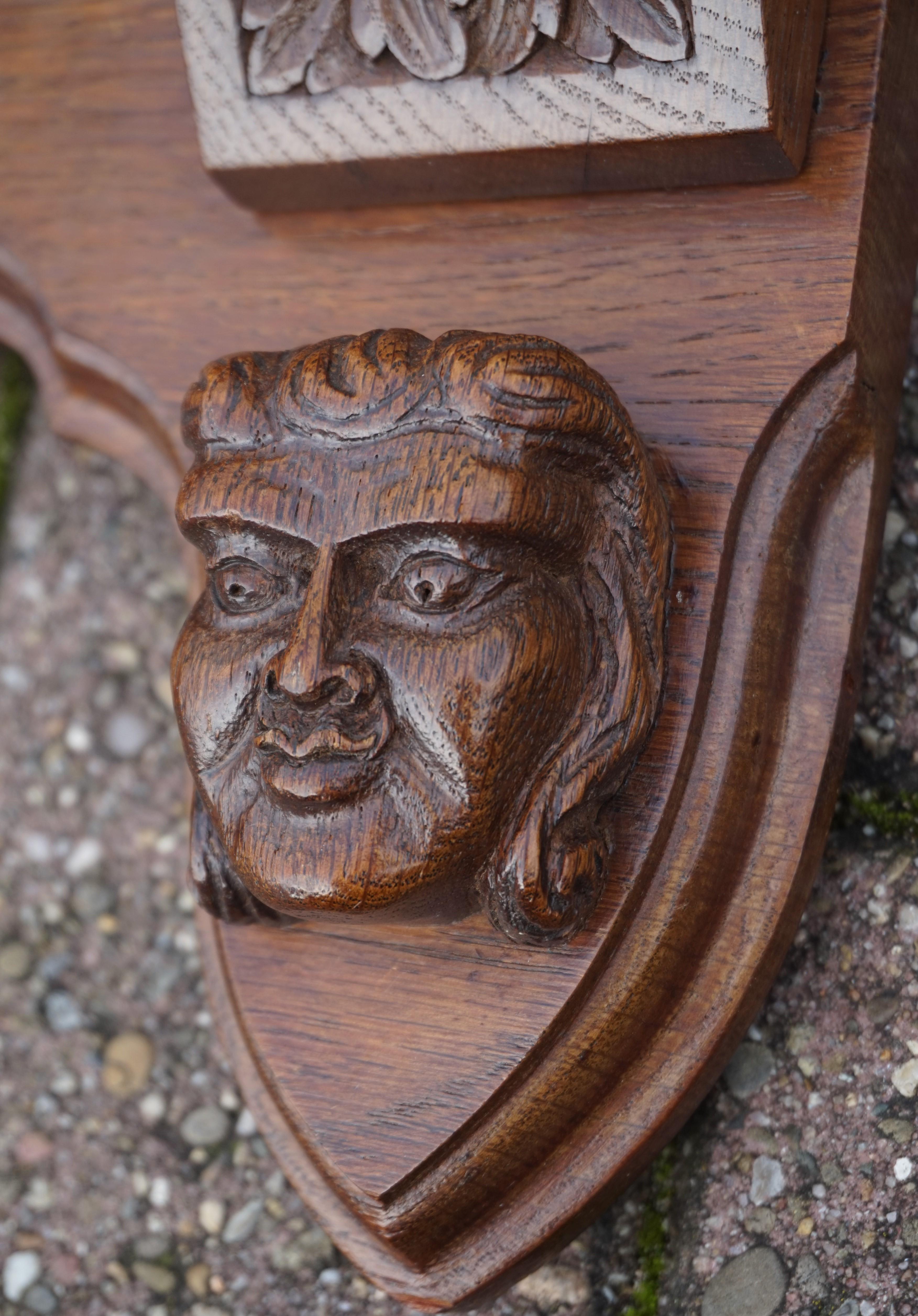 Very Large Hand Carved Oak Wall Coat Rack with Lion & Grotesque Mask Sculptures 2