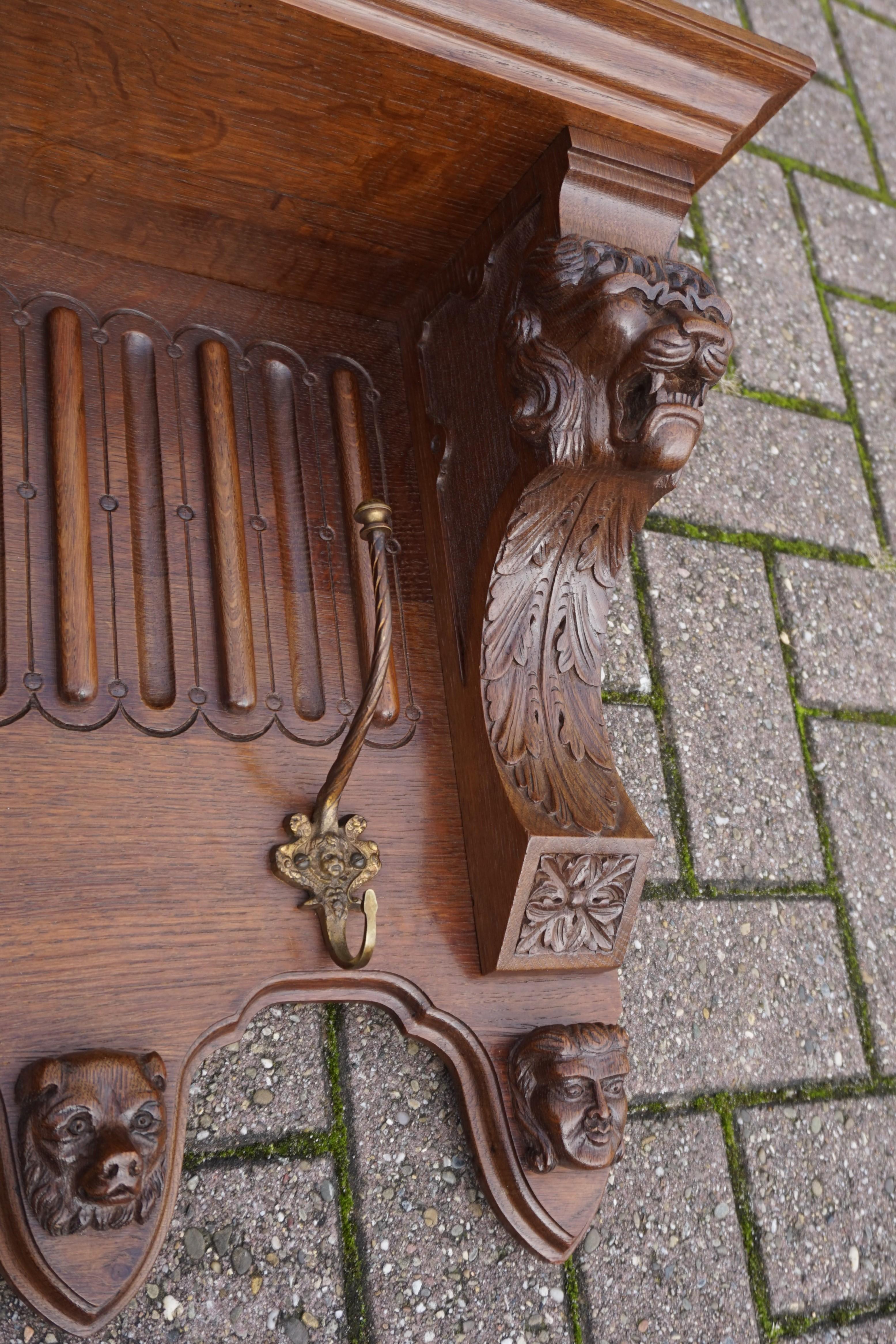 Very Large Hand Carved Oak Wall Coat Rack with Lion & Grotesque Mask Sculptures 4