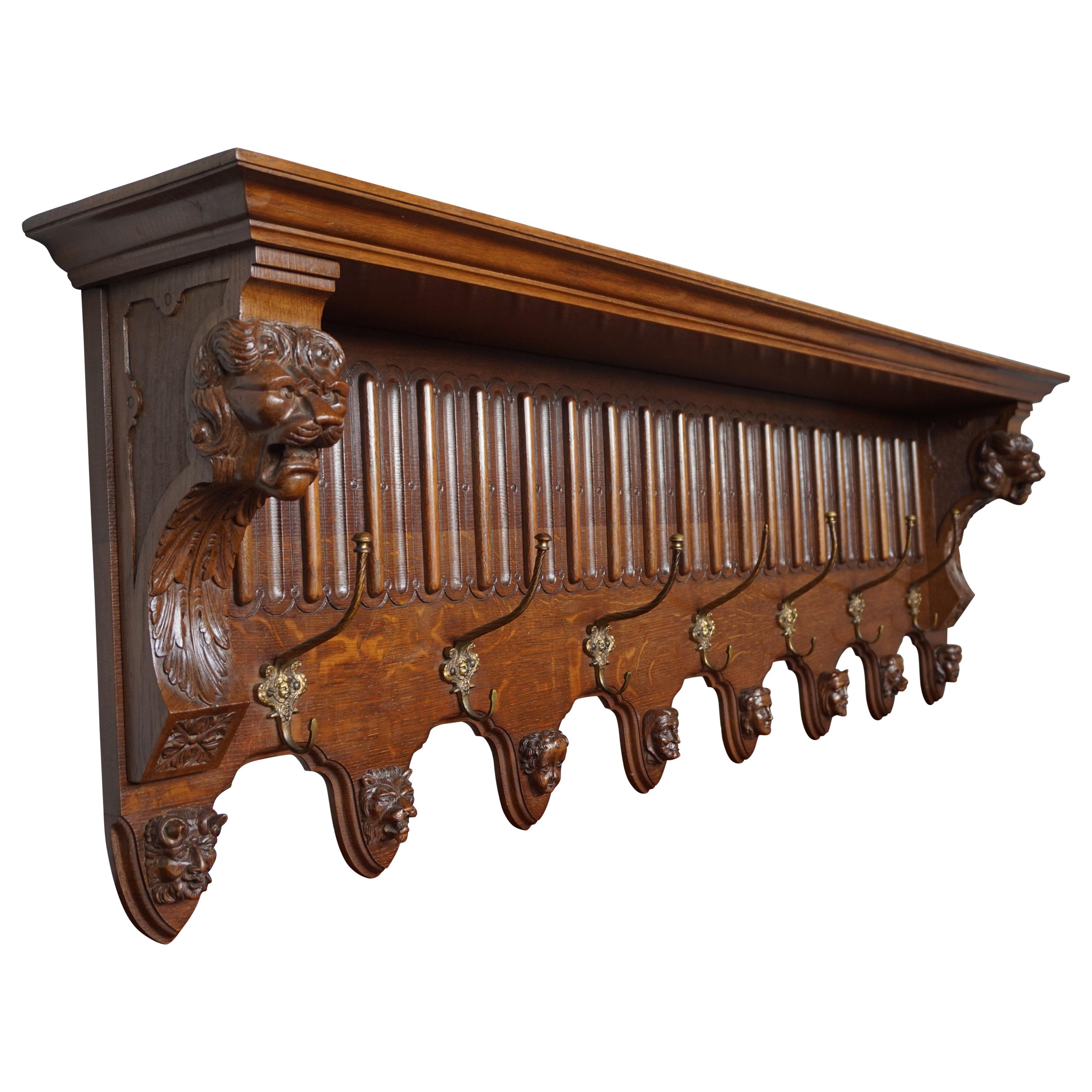 Very Large Hand Carved Oak Wall Coat Rack with Lion & Grotesque Mask Sculptures