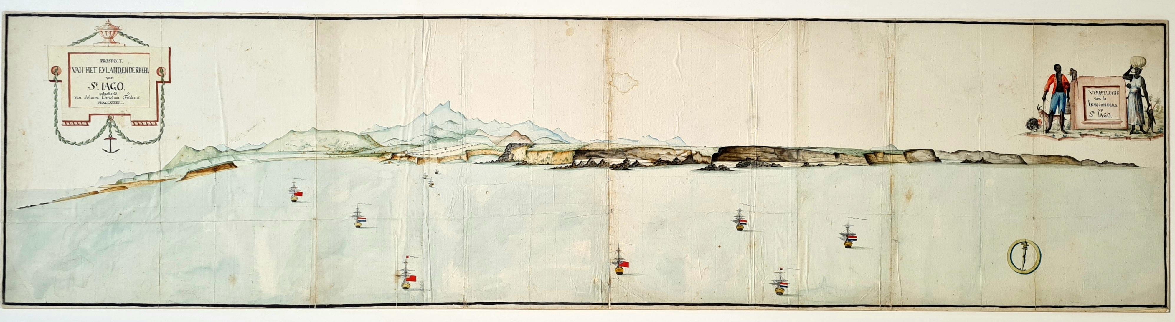 Johann Christian Friderici [= Frederici] (Heldburg 1766 - Cape Town 1804)

Prospect van het eyland, en de rheede van St. Iago. Geteekend van Johann Christian Friderici / Verbeelding van de inwoonders op St Iago

(View of the island, and the