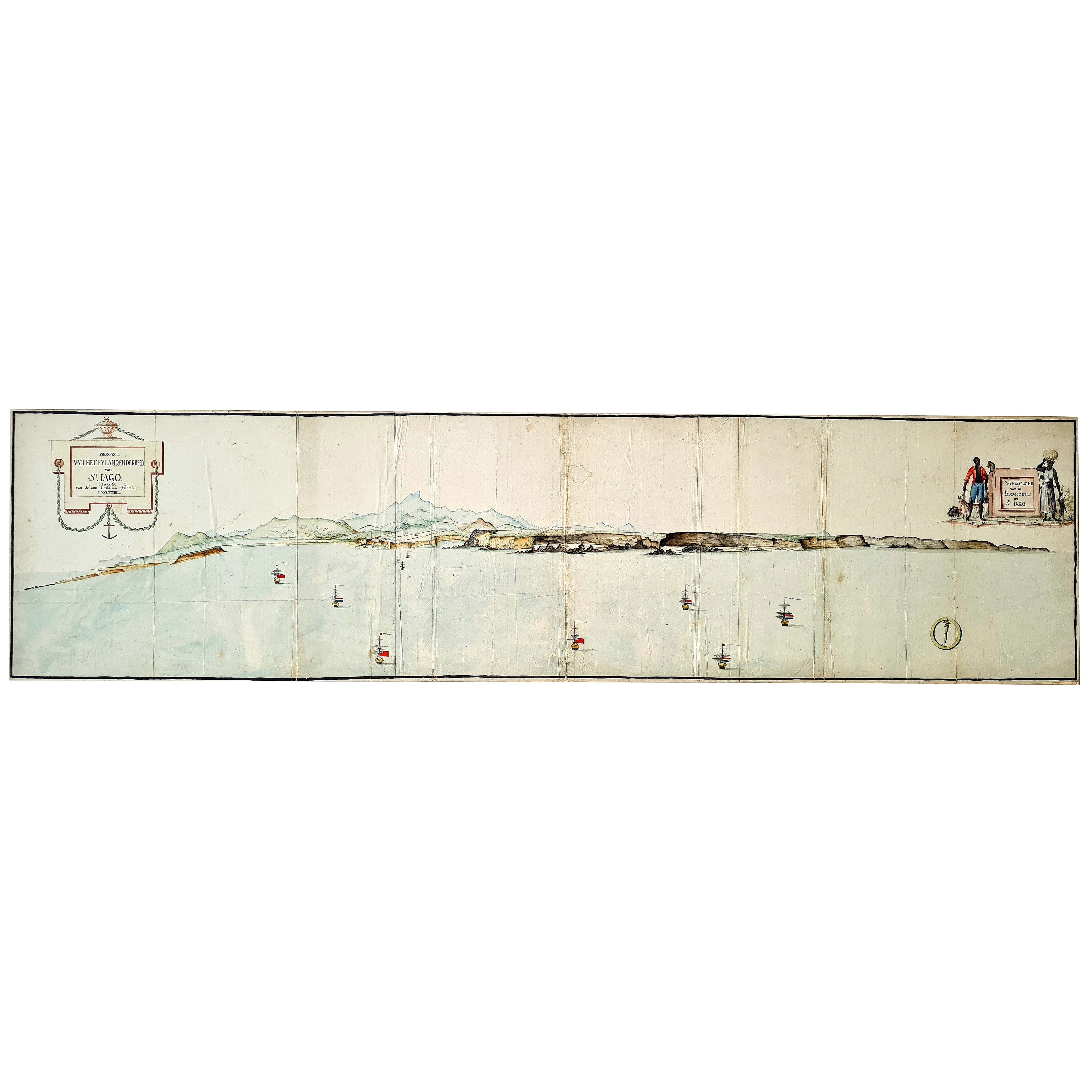 Veduta molto grande disegnata a mano di San Iago a Capo Verde, di Frederici, 1783 in vendita