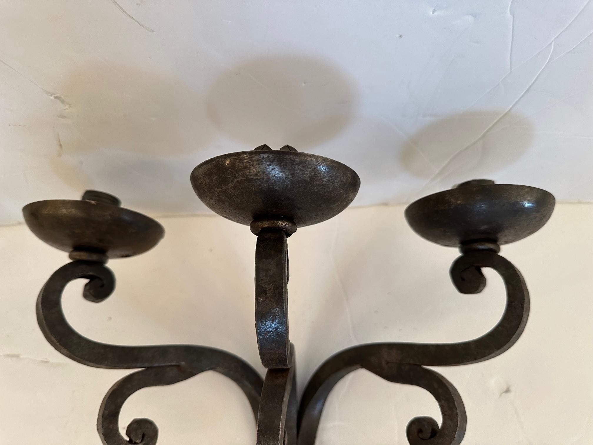 Italian Very Large Hand Forged Iron Candle Sconces For Sale