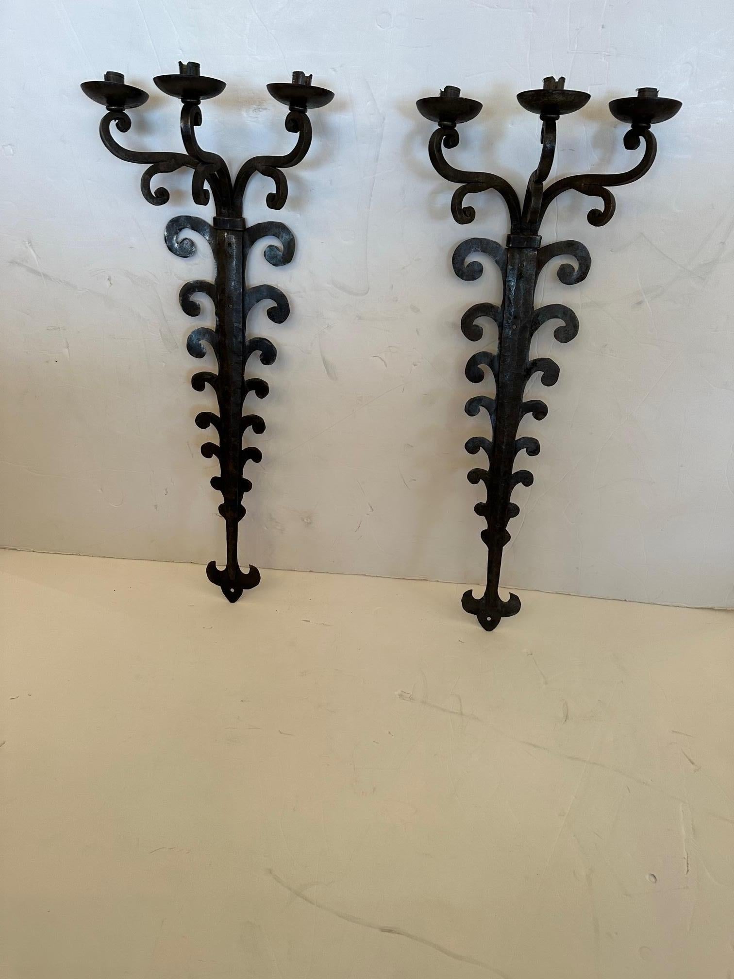 Very Large Hand Forged Iron Candle Sconces In Good Condition For Sale In Hopewell, NJ