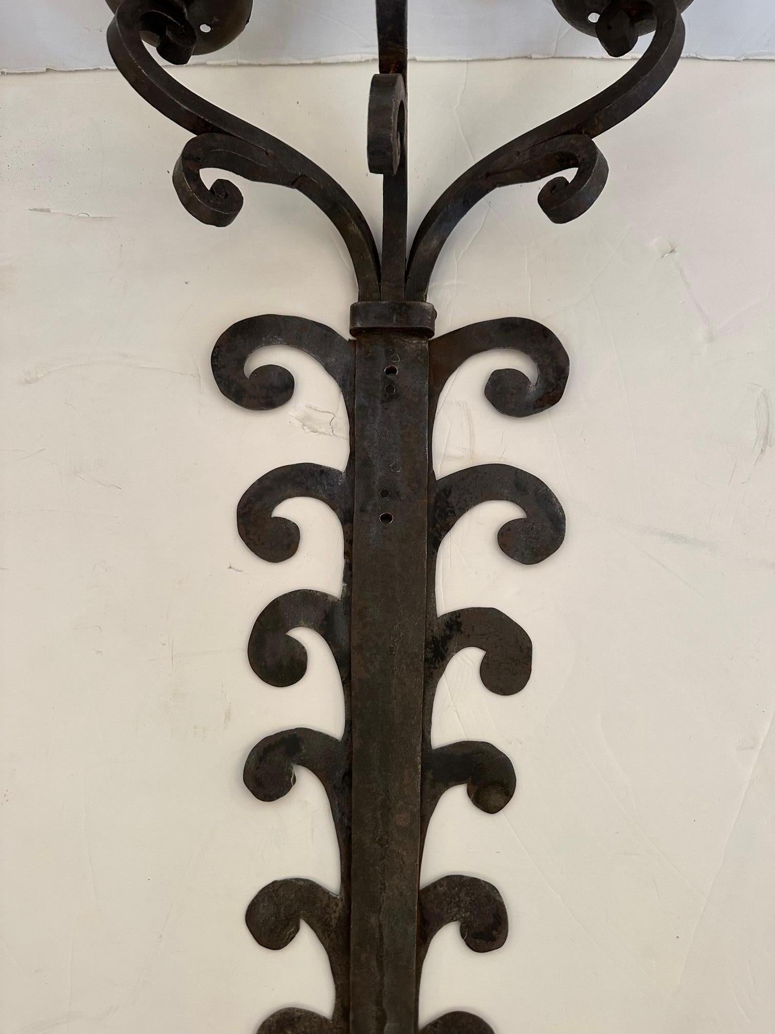 Mid-20th Century Very Large Hand Forged Iron Candle Sconces For Sale