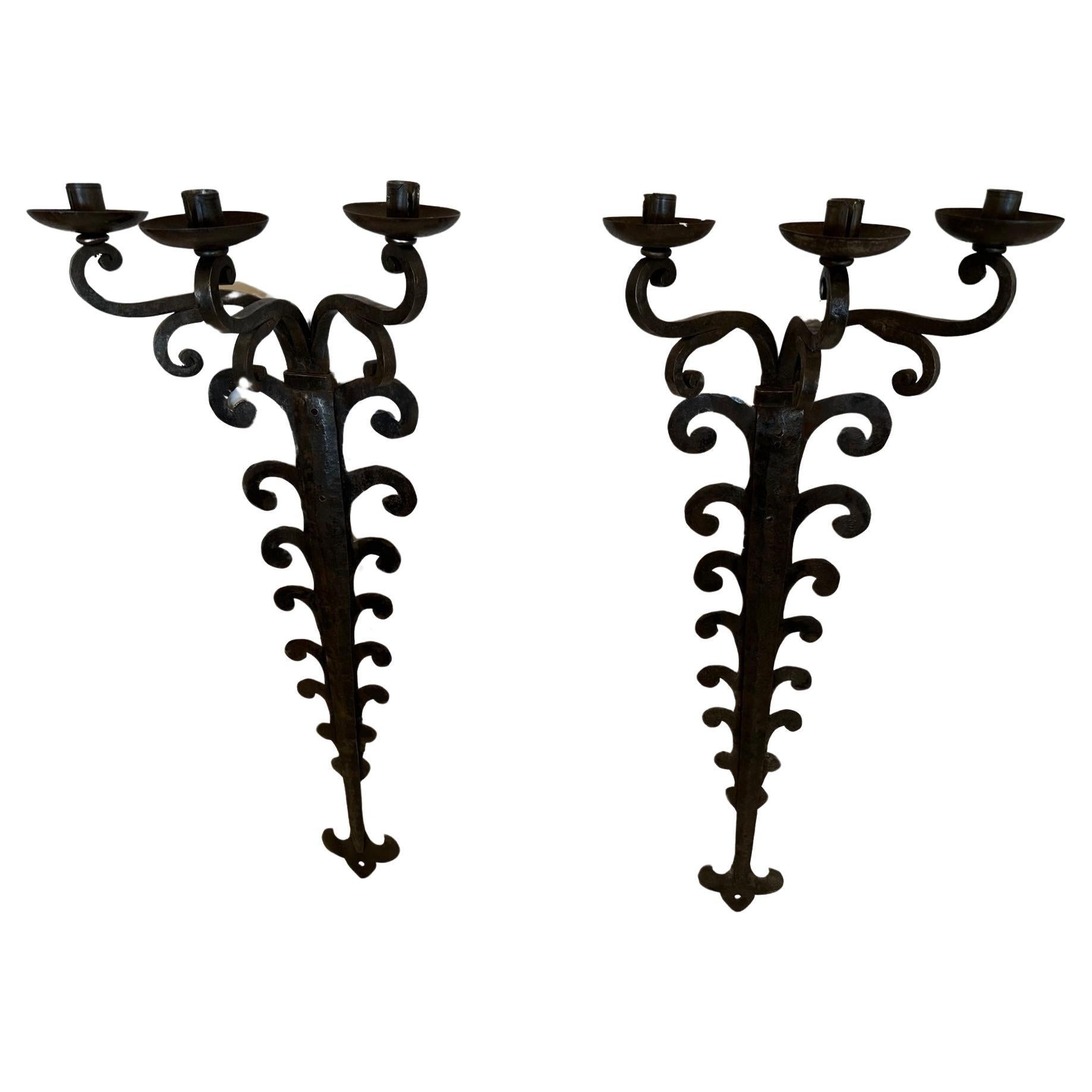 Very Large Hand Forged Iron Candle Sconces For Sale