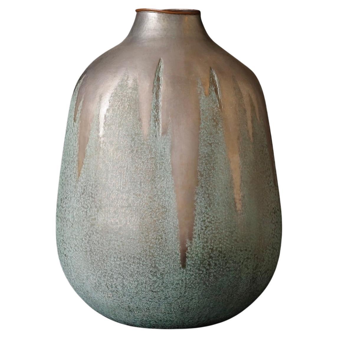 Very large hand hammered signed copper vase For Sale