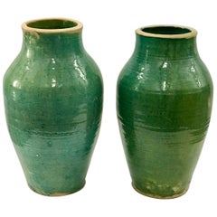 Very Large Handmade Rustic/Farmhouse Blue-Green Glazed Terracotta Clay Pots Jars