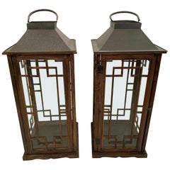 Vintage Very Large Handsome Pair of Wood and Glass Lanterns