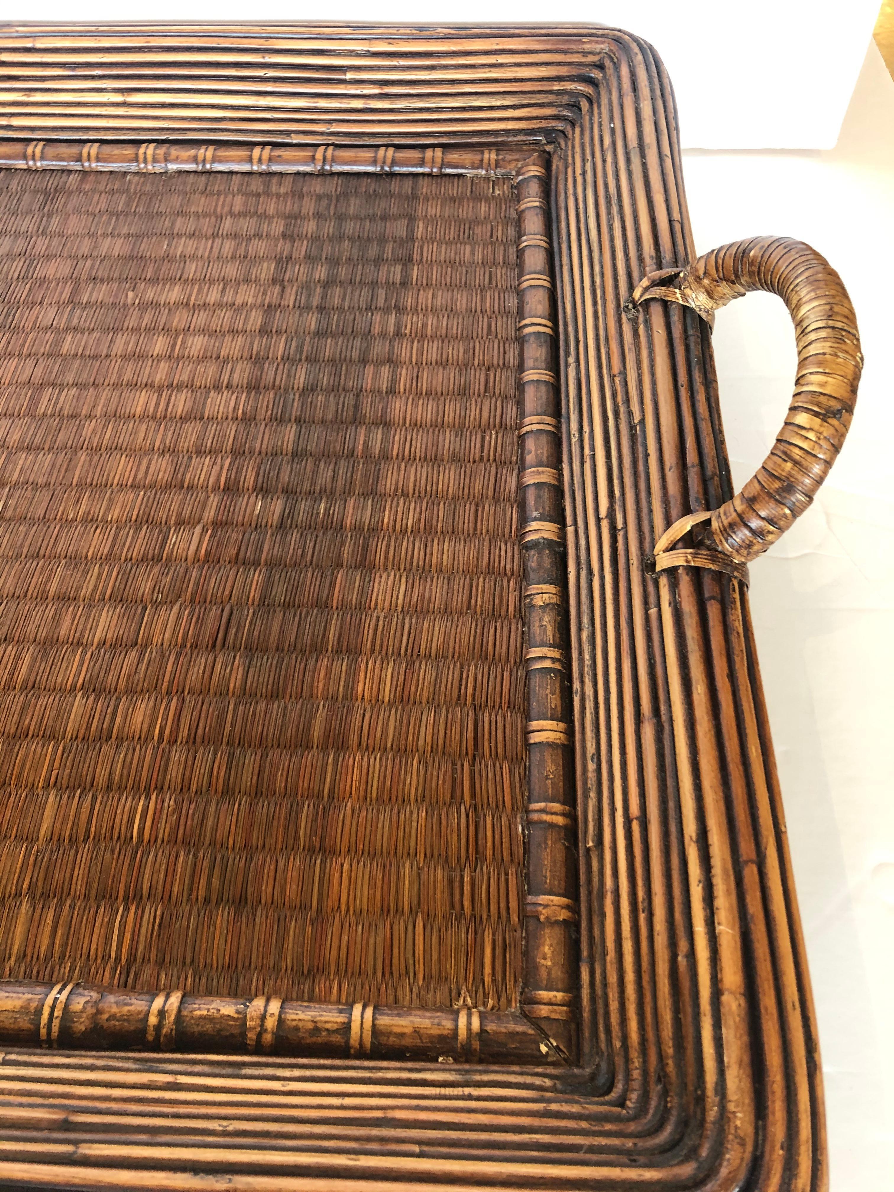 Very Large Handsome Wood Wicker Rattan and Seagrass Handled Gallery Tray In Good Condition In Hopewell, NJ