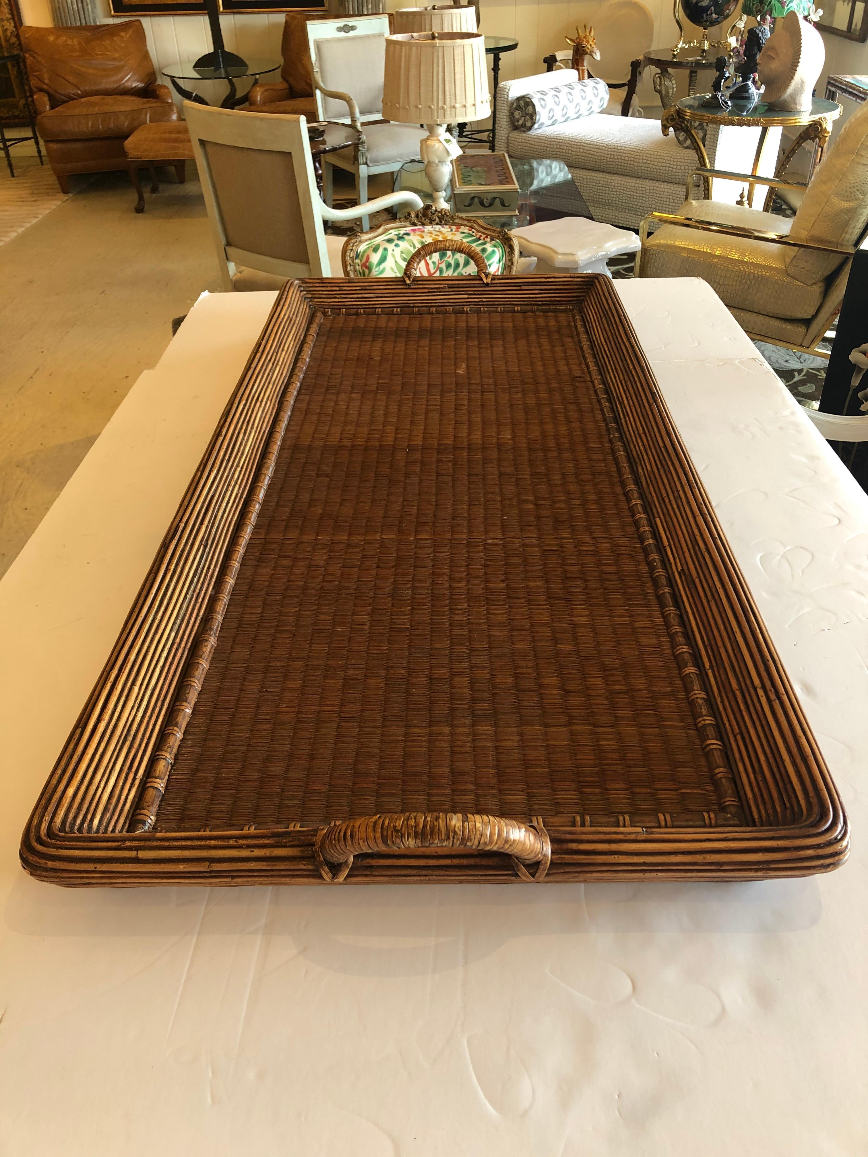 Late 20th Century Very Large Handsome Wood Wicker Rattan and Seagrass Handled Gallery Tray