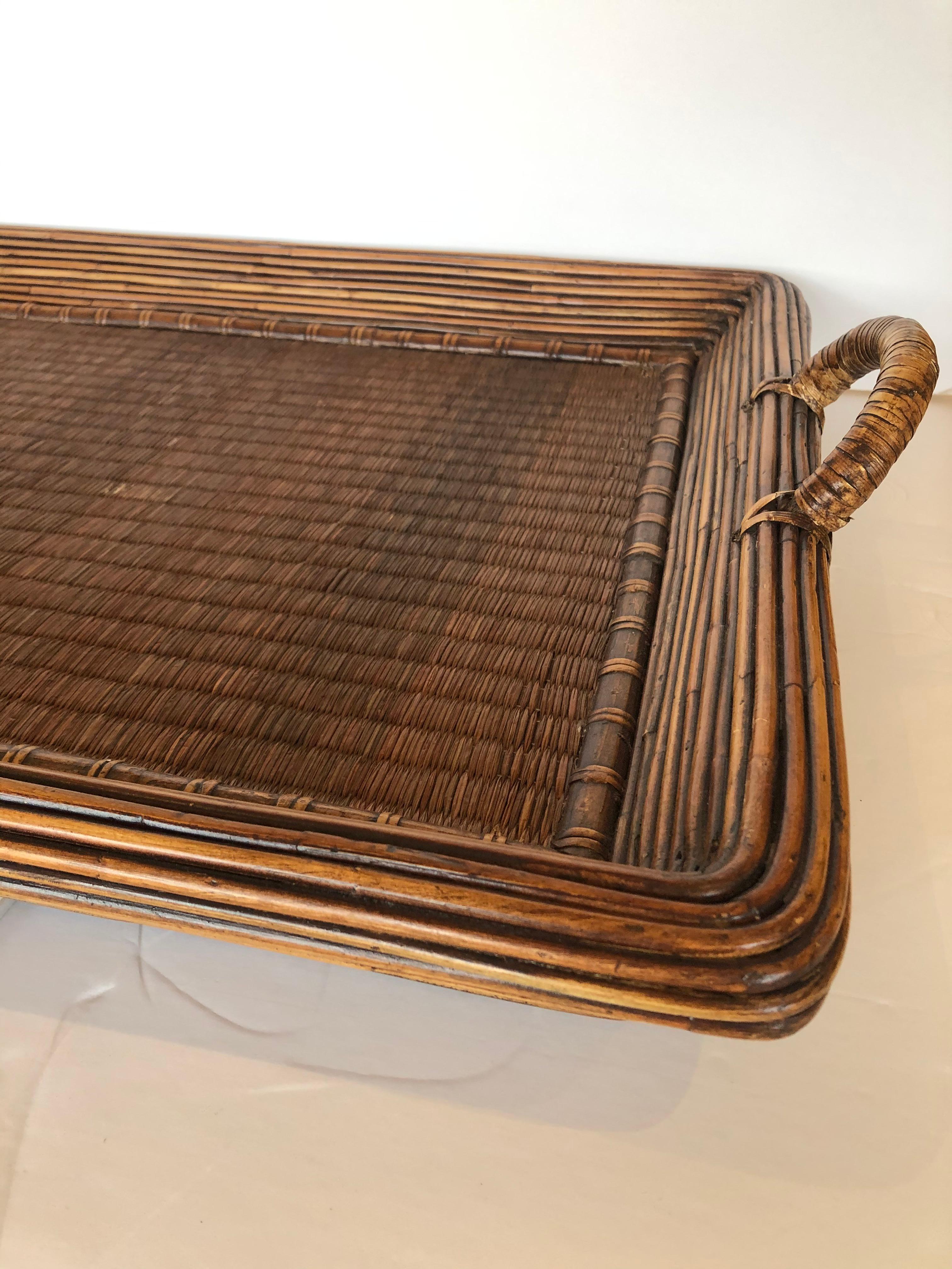 Very Large Handsome Wood Wicker Rattan and Seagrass Handled Gallery Tray 1