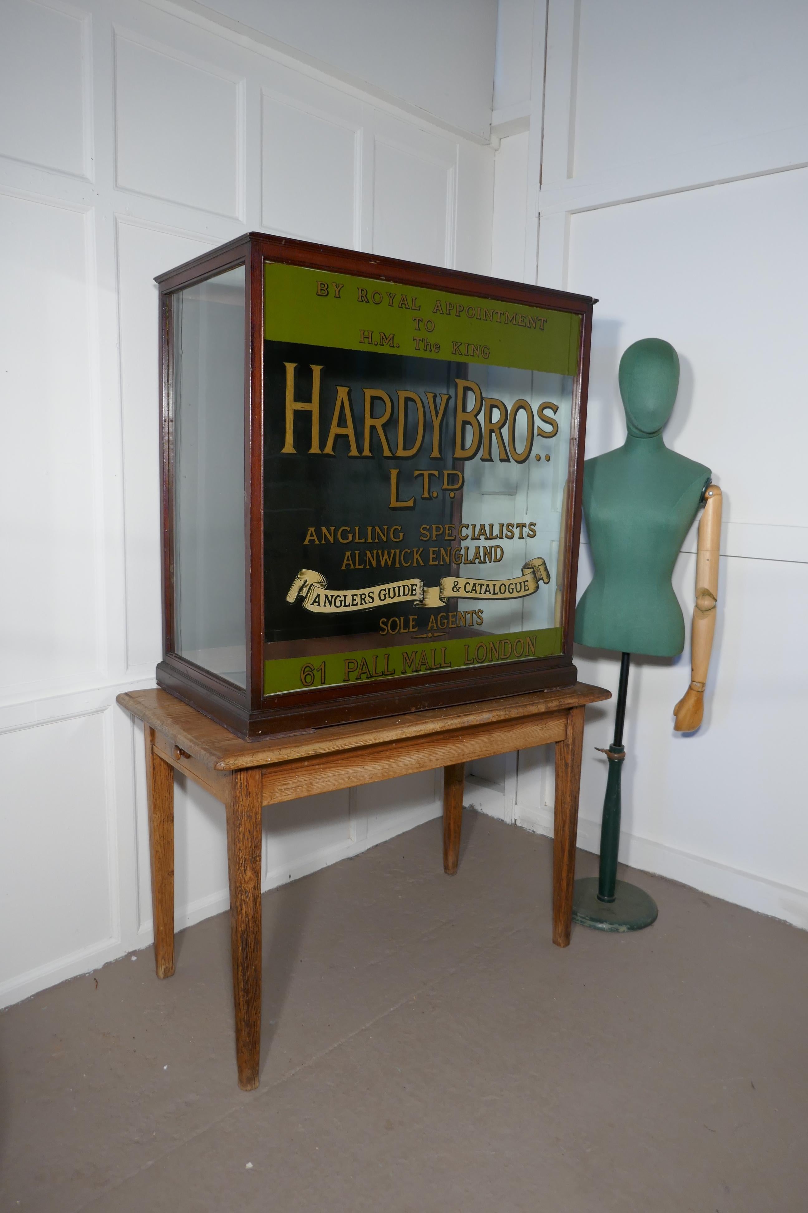 Very large Hardy Bros Ltd, fishing tackle display case. 

Rare piece indeed, it is a large display case painted for the Hardy’s London Shop which opened in 1907, it has the Royal appointment to HM the King at the top
This is a large case accessed