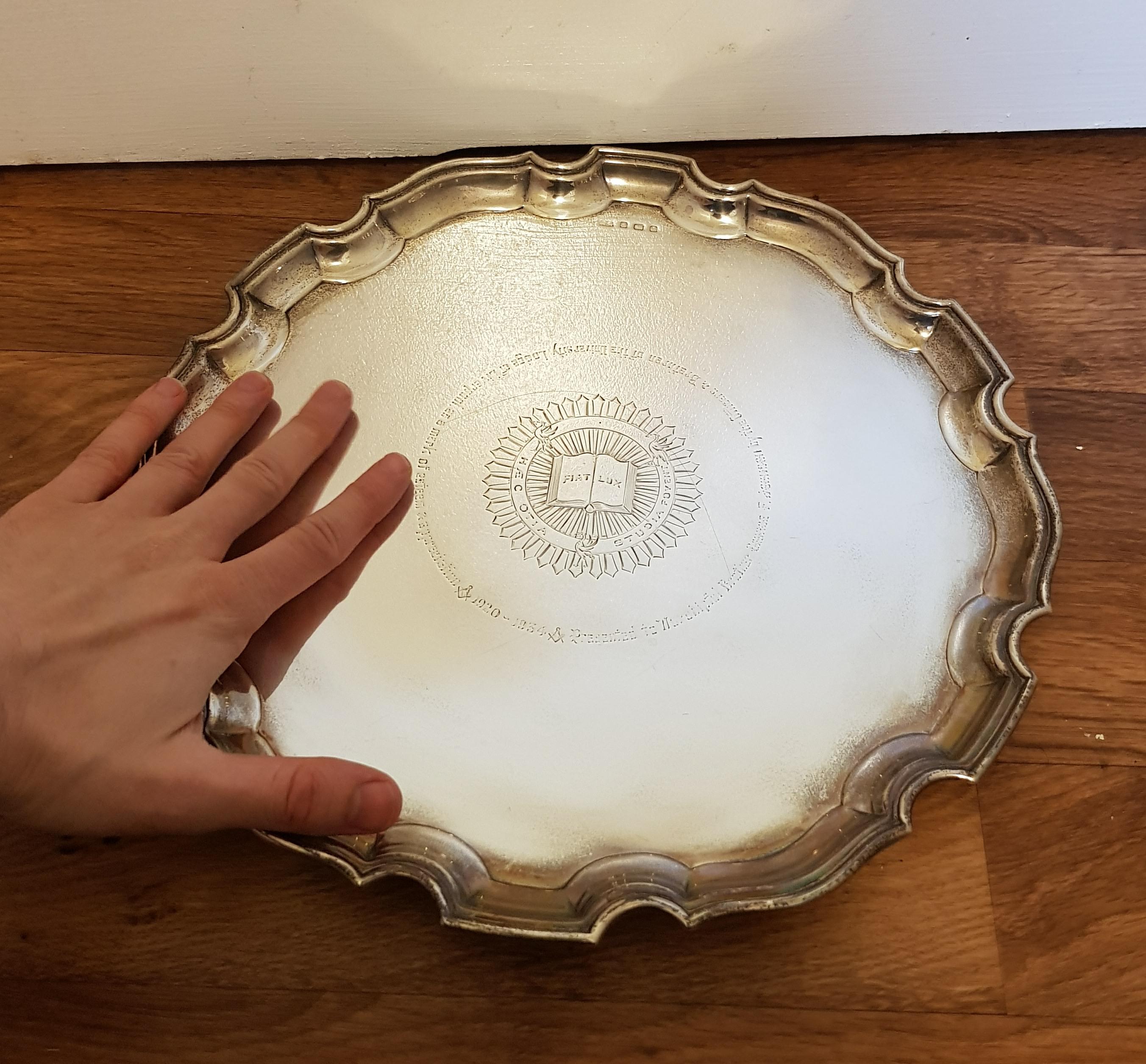 Very Large and Heavy Hallmarked Silver Salver with Masonic Interest In Good Condition In St Helens, GB