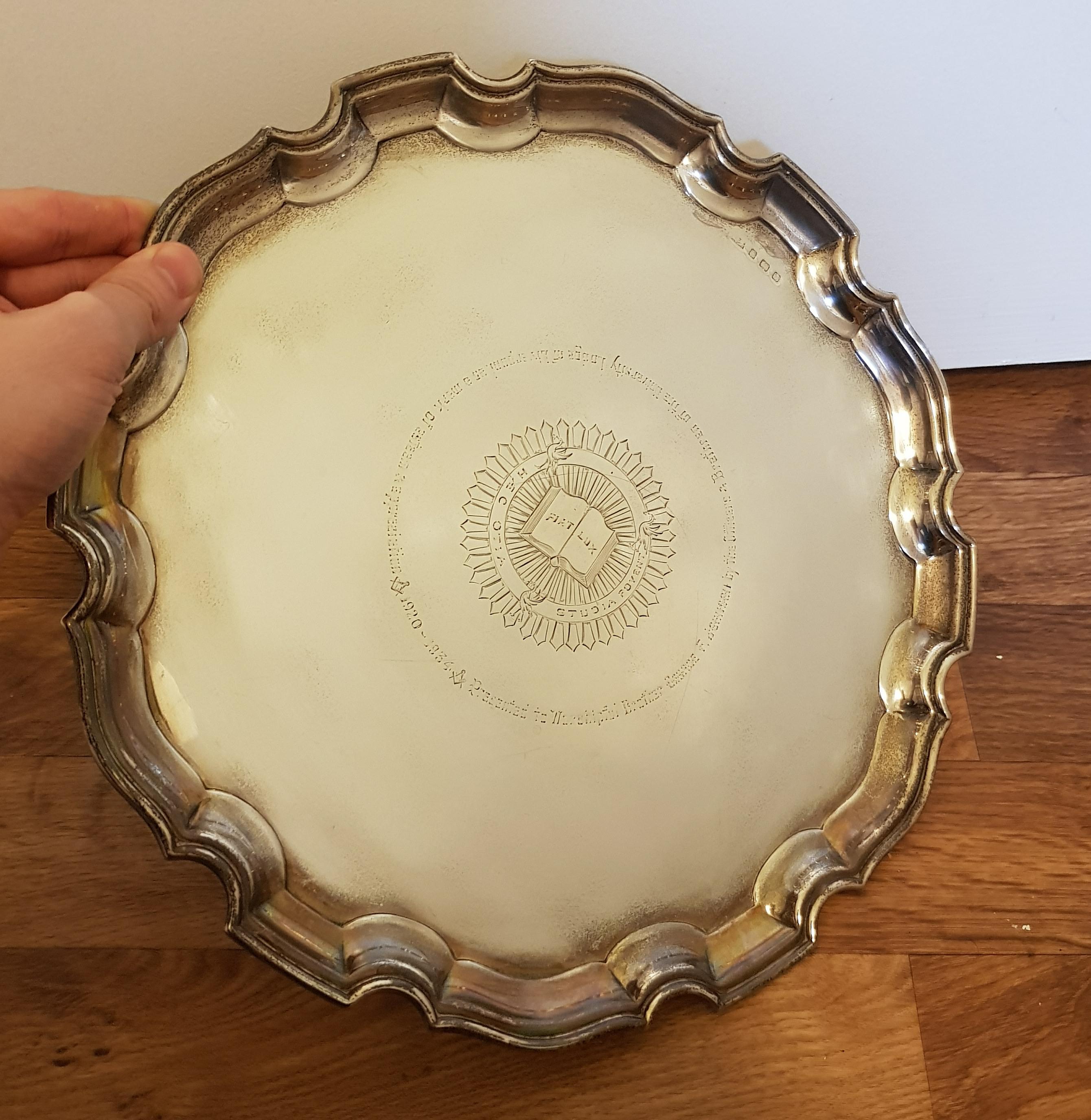 Women's or Men's Very Large and Heavy Hallmarked Silver Salver with Masonic Interest