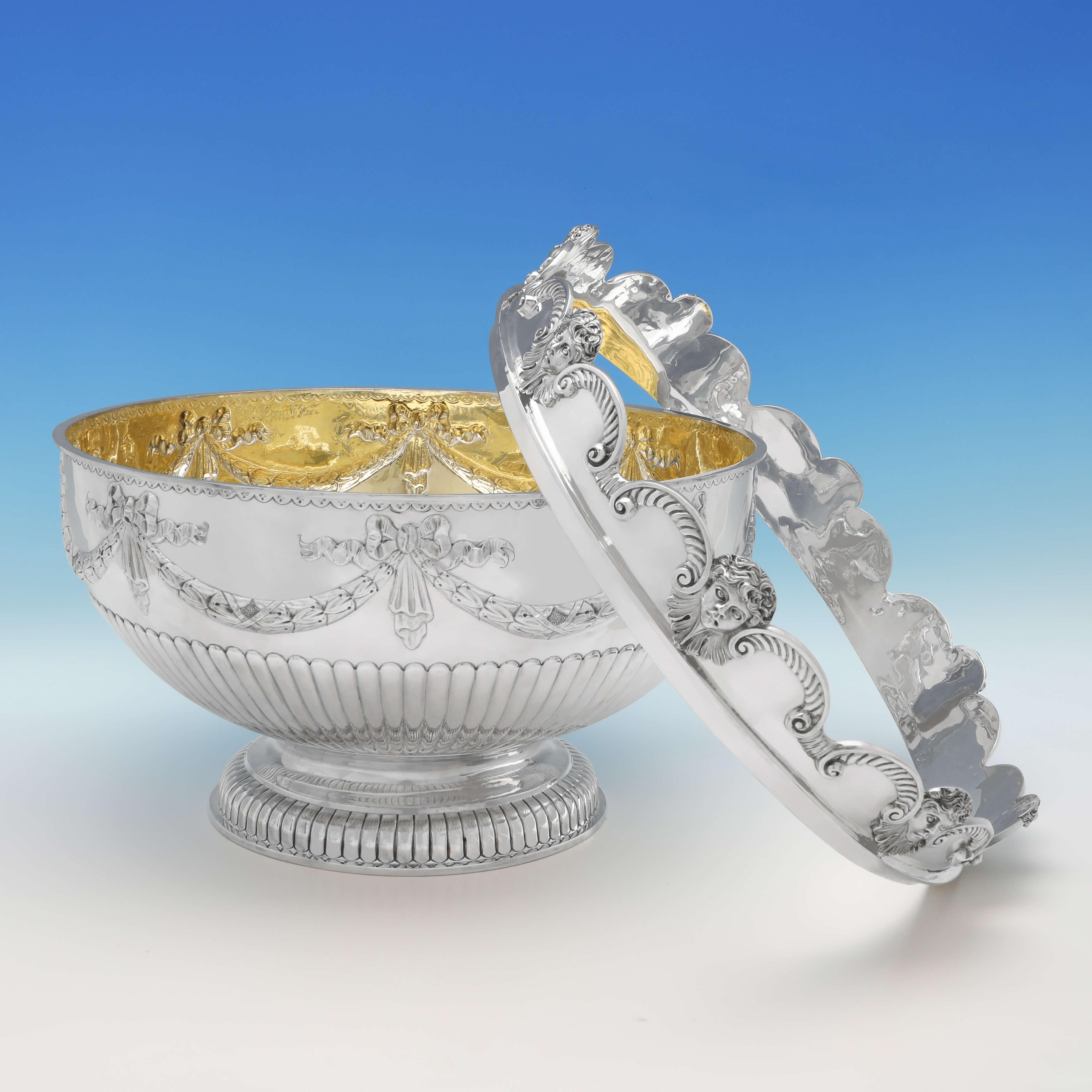 Queen Anne Very Large & Heavy Antique Silver Monteith Bowl with Removable Rim, London, 1880