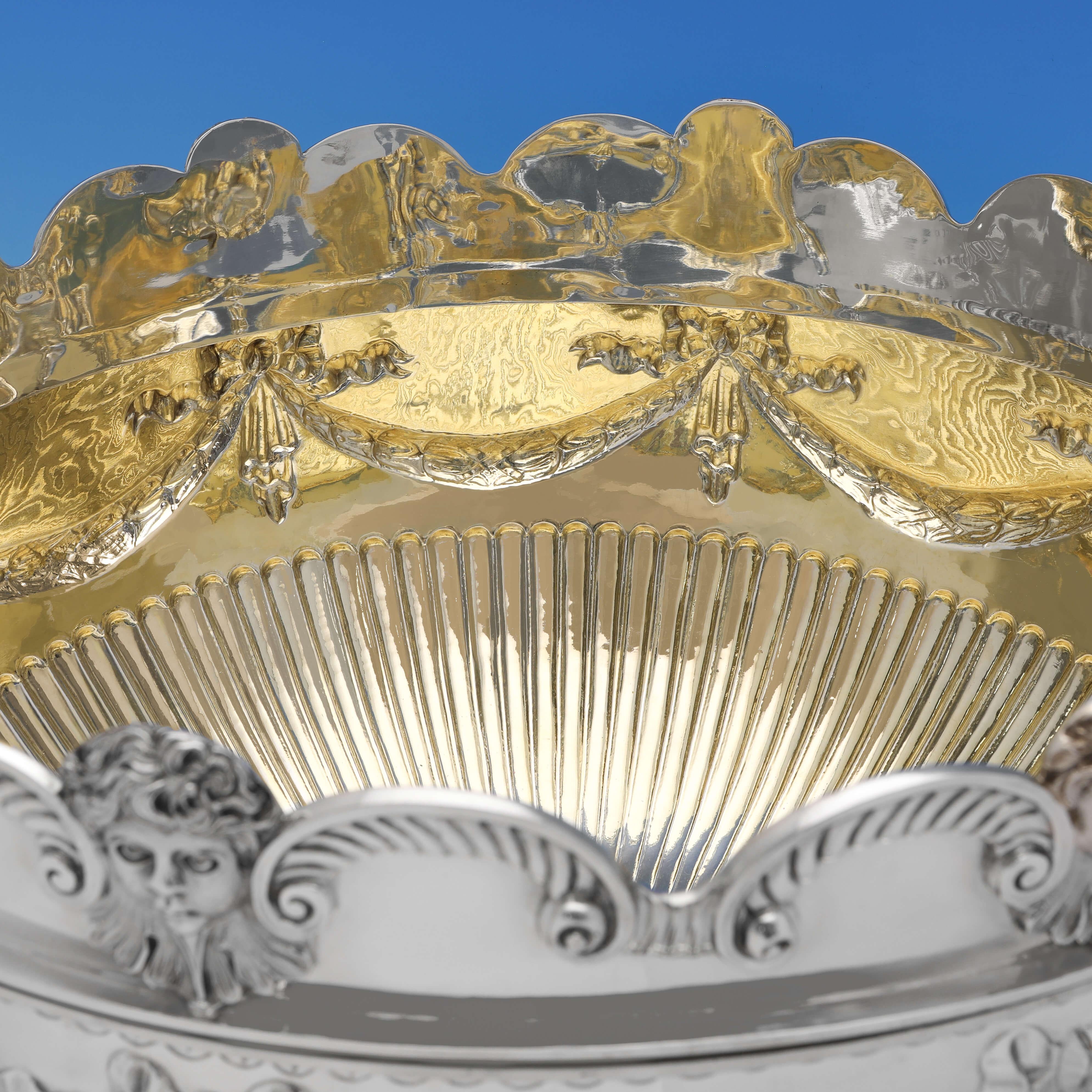 English Very Large & Heavy Antique Silver Monteith Bowl with Removable Rim, London, 1880