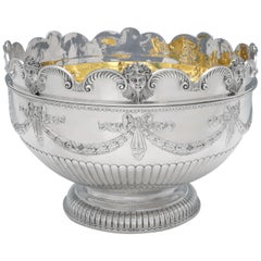 Very Large & Heavy Antique Silver Monteith Bowl with Removable Rim, London, 1880