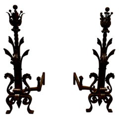 Antique Very Large Heavy Pair of French Iron Andirons