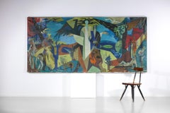 Très grande et imposante huile sur toile de style figuratif cubiste années 1950 1960