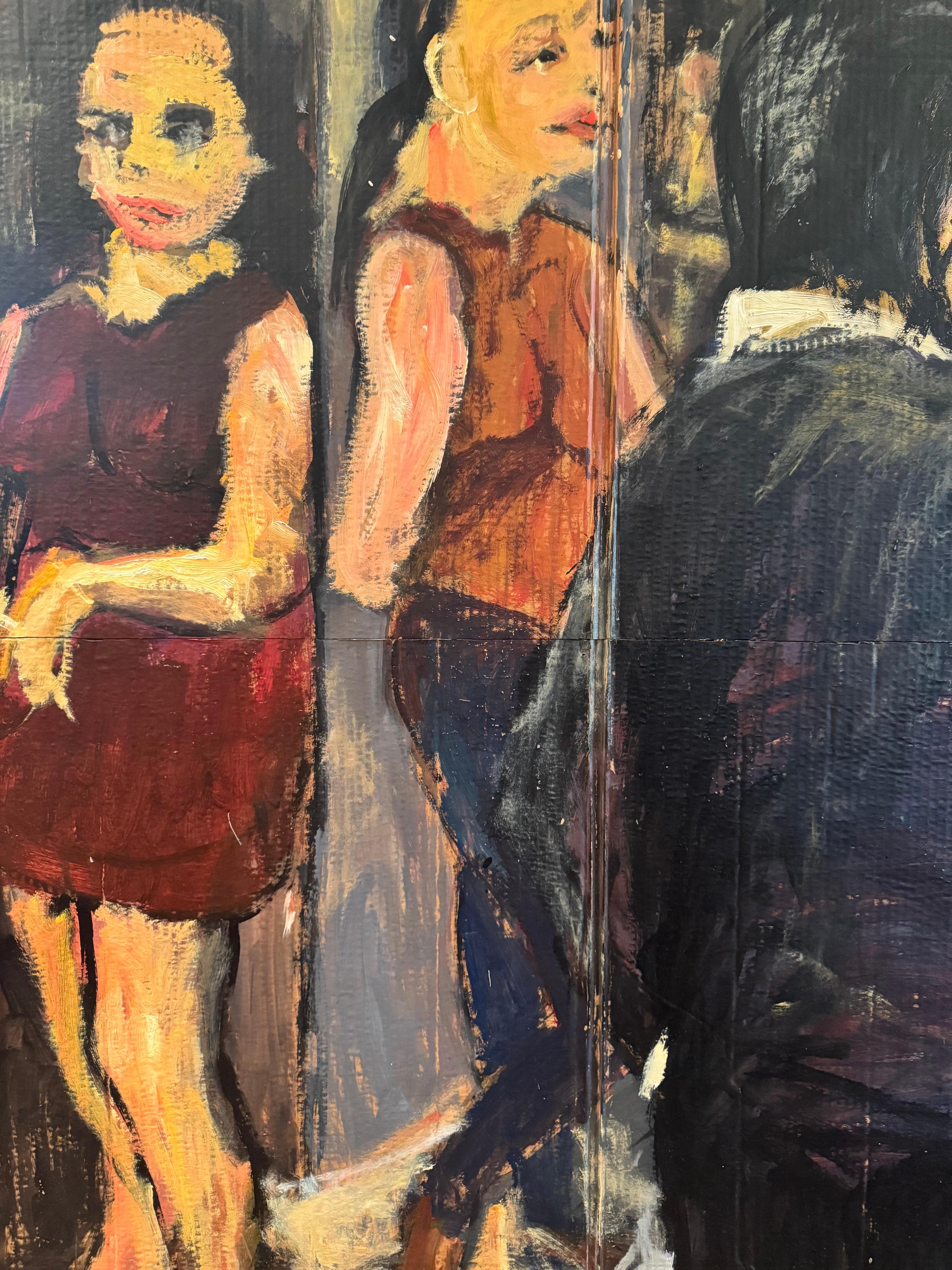 Große düstere und malerische Straßenszene, Öl auf Holz.  Unleserlich signiert unten rechts und elegant gerahmt in einfacher moderner schwarzer Leiste.

NF