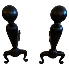 Very Large Impressive Black Iron Canonball Andirons