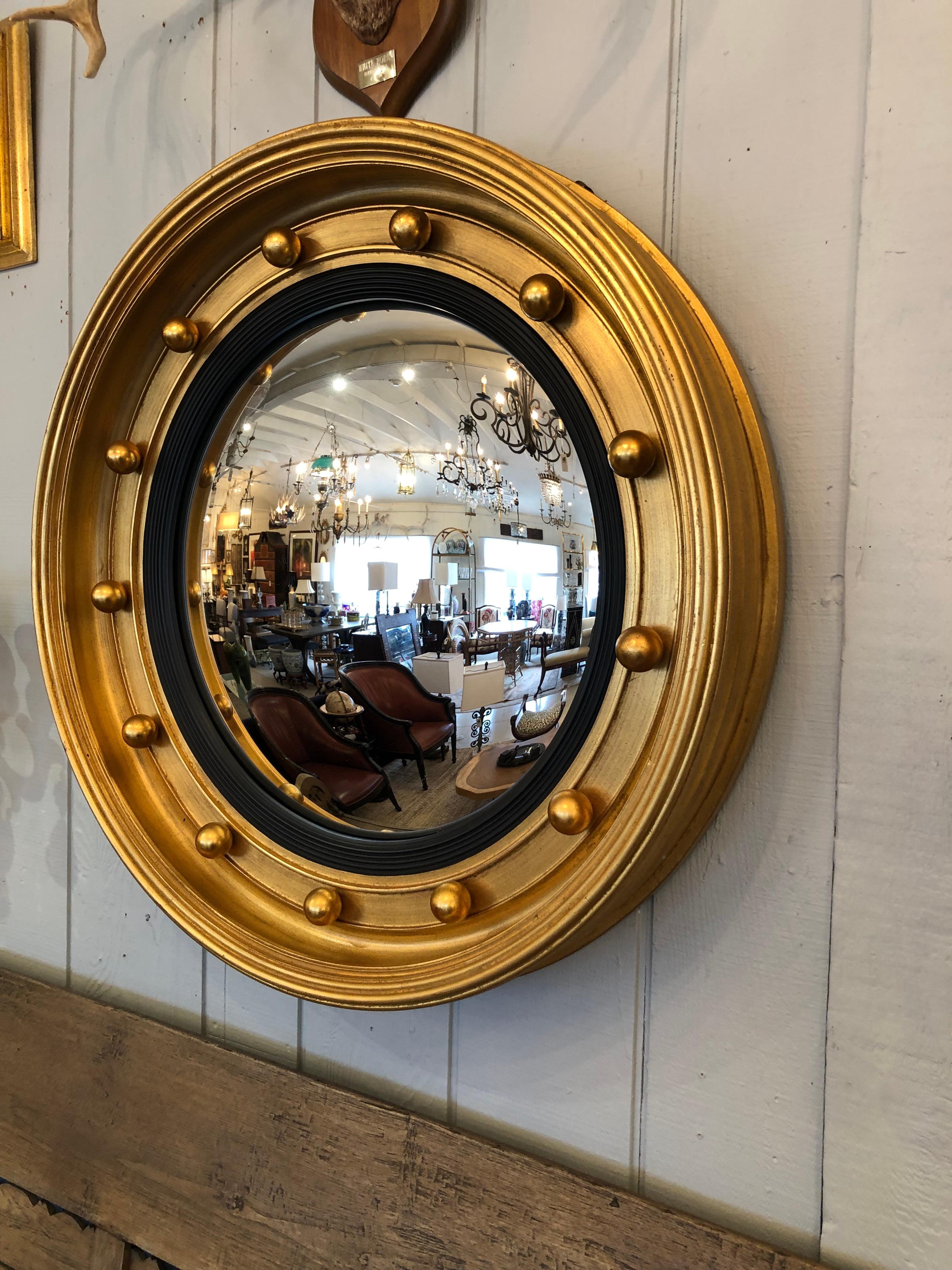 Neoclassical Very Large Impressive Convex & Gilded Round Mirror  For Sale