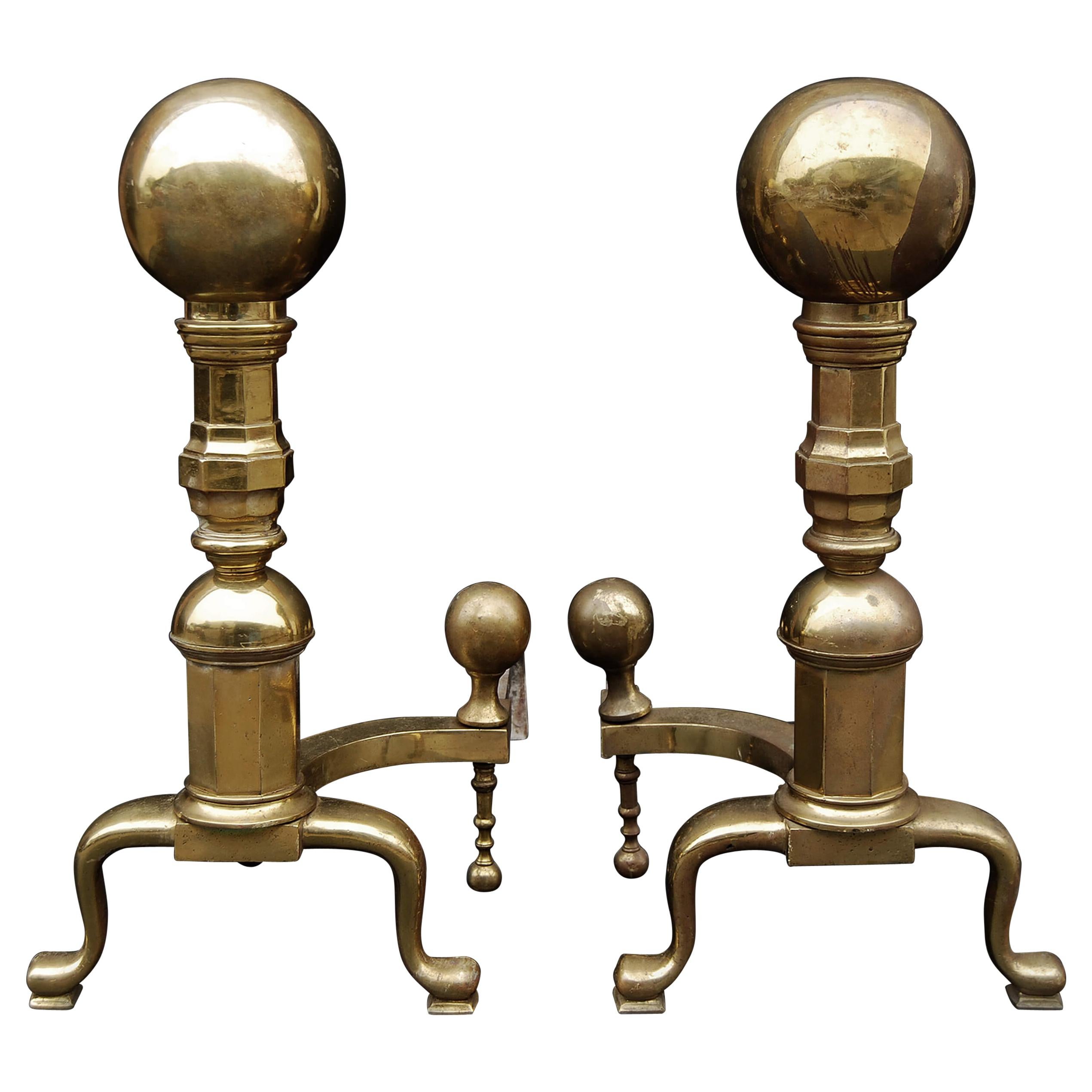 Very Large & Impressive Pair of Brass Firedogs with Ball Tops For Sale