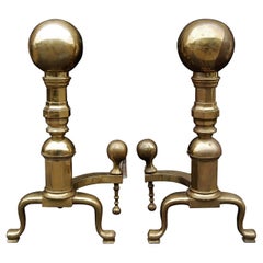 Very Large & Impressive Pair of Brass Firedogs with Ball Tops