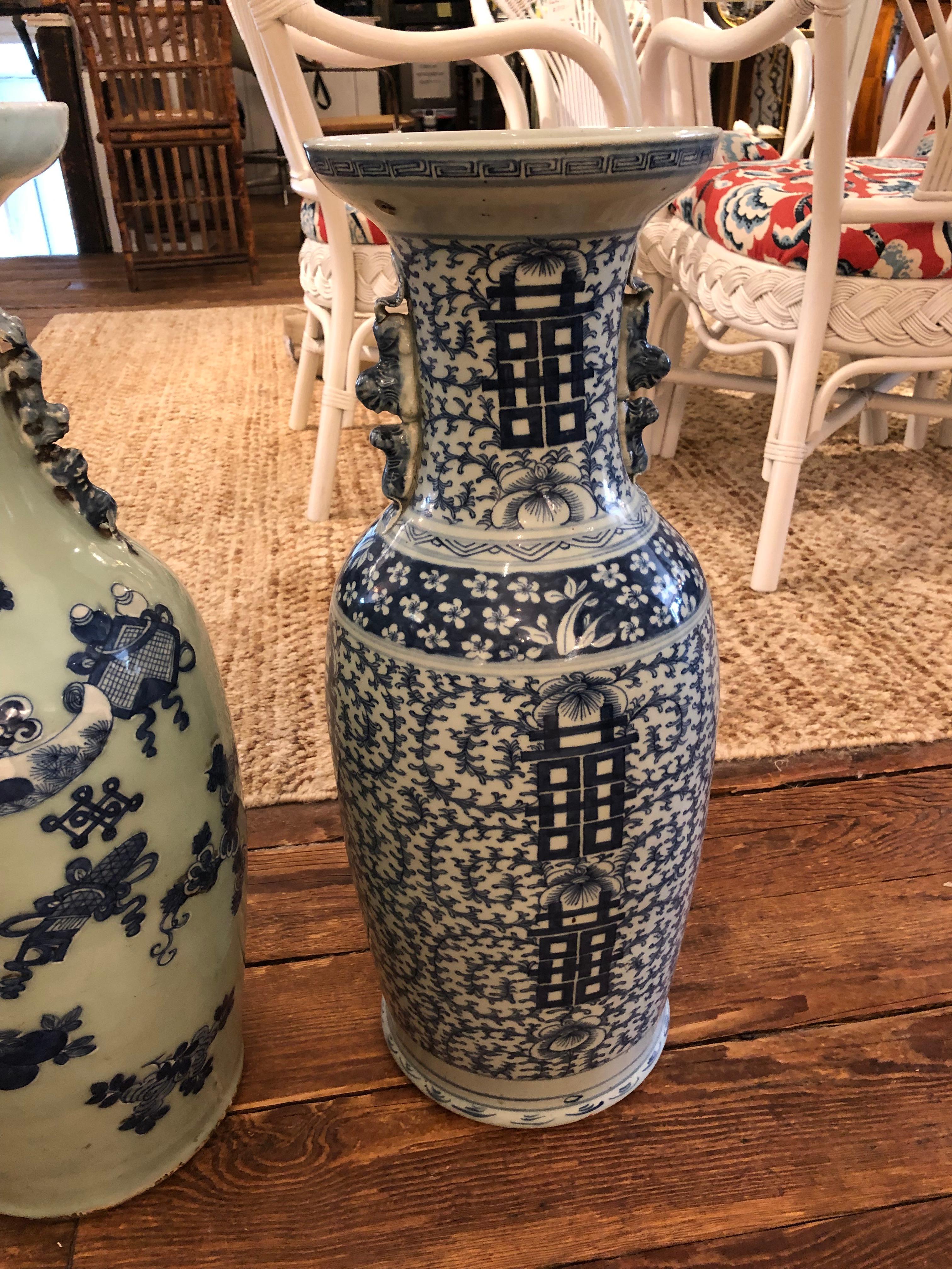 Very Large Impressive Trio Collection of 3 Blue & White Chinese Vases For Sale 1