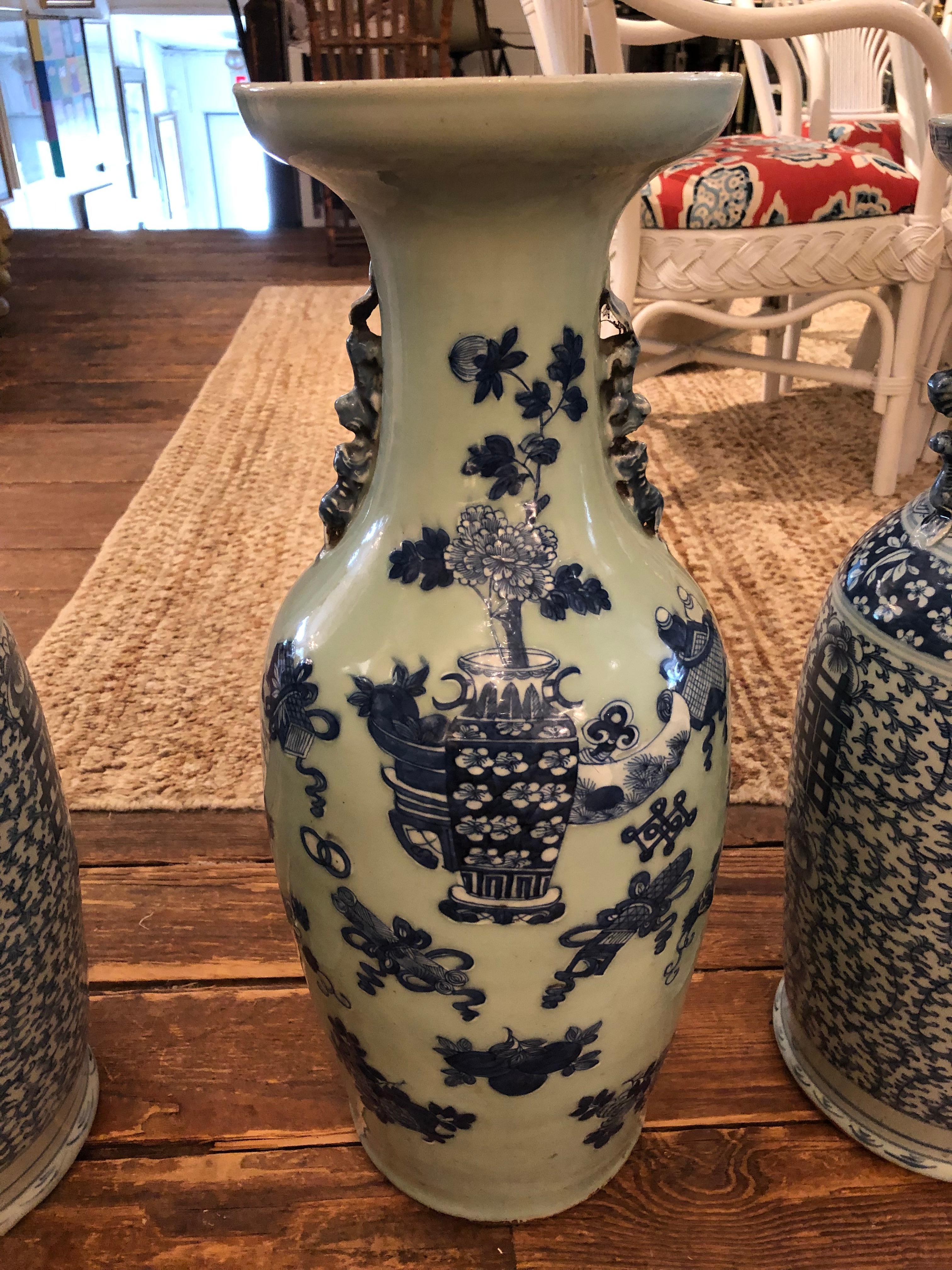 Very Large Impressive Trio Collection of 3 Blue & White Chinese Vases For Sale 4