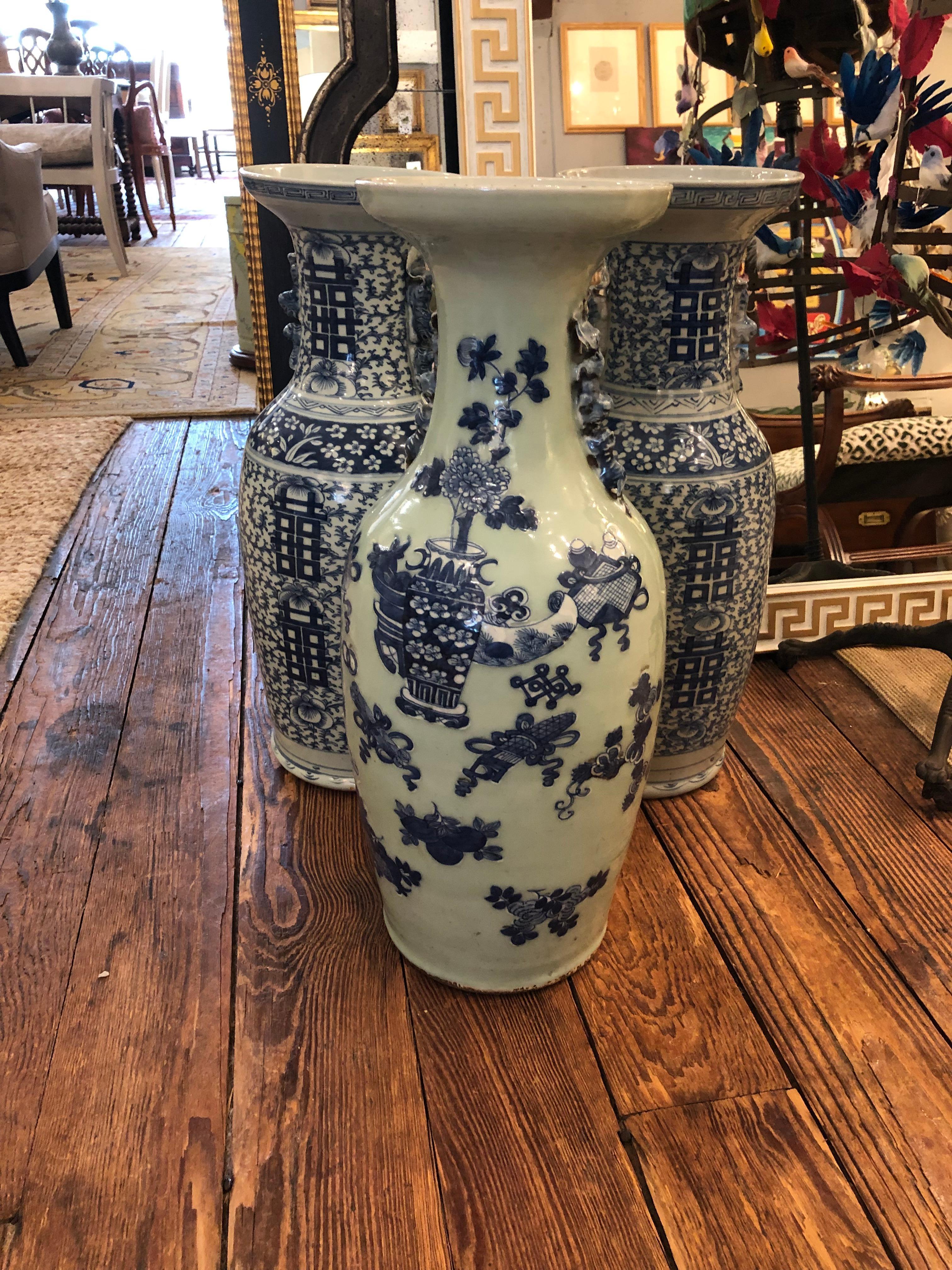 Very Large Impressive Trio Collection of 3 Blue & White Chinese Vases For Sale 6