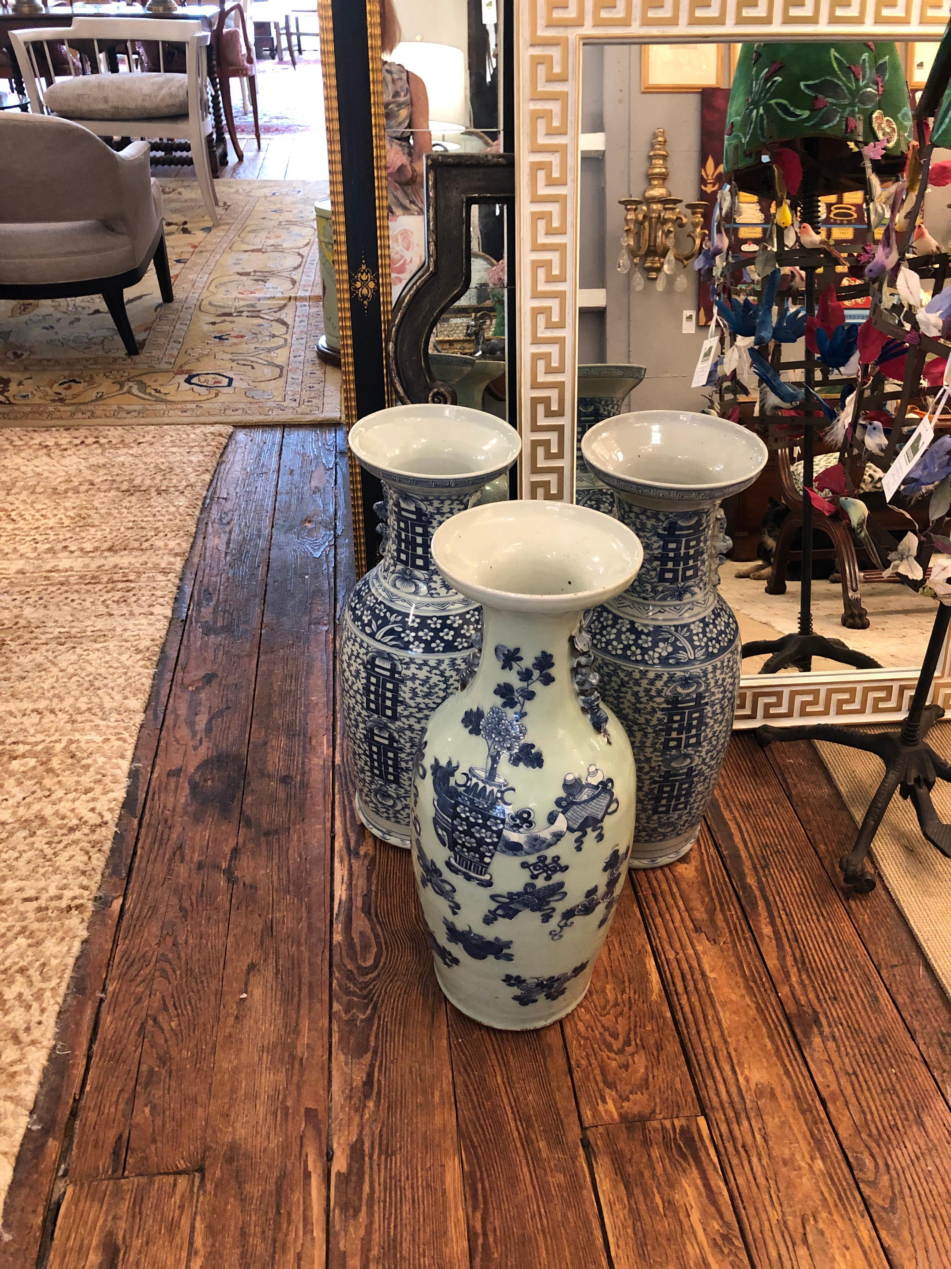 Very Large Impressive Trio Collection of 3 Blue & White Chinese Vases For Sale 7