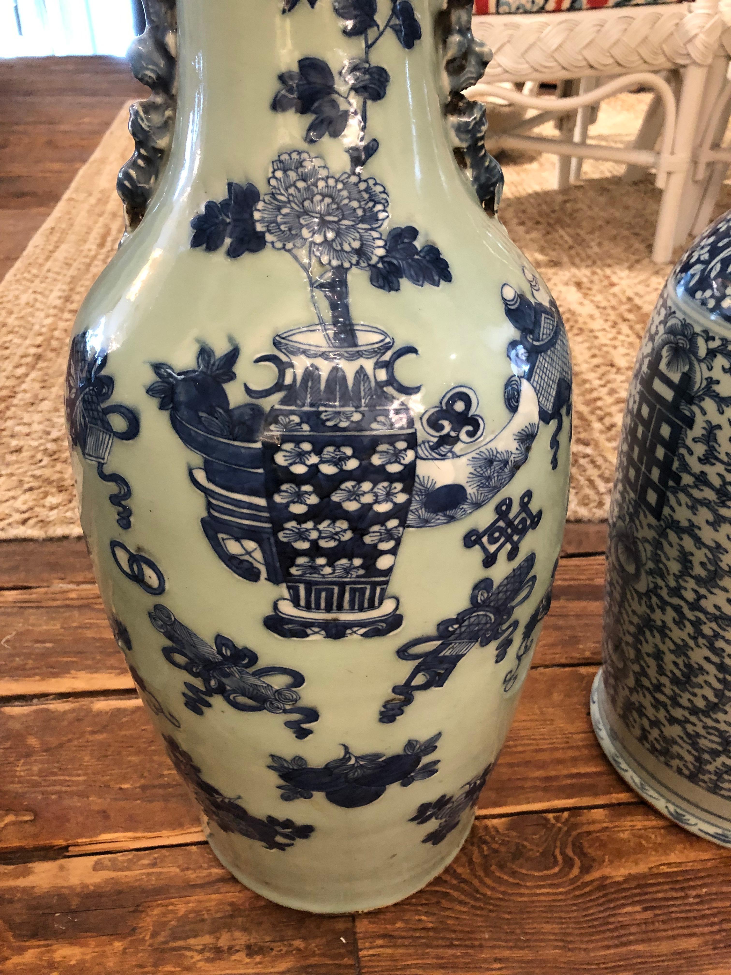 Chinese Export Very Large Impressive Trio Collection of 3 Blue & White Chinese Vases For Sale
