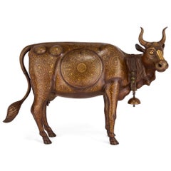 Very Large Indo-Persian Brown Steel Gold Damascened Bull Sculpture Storage