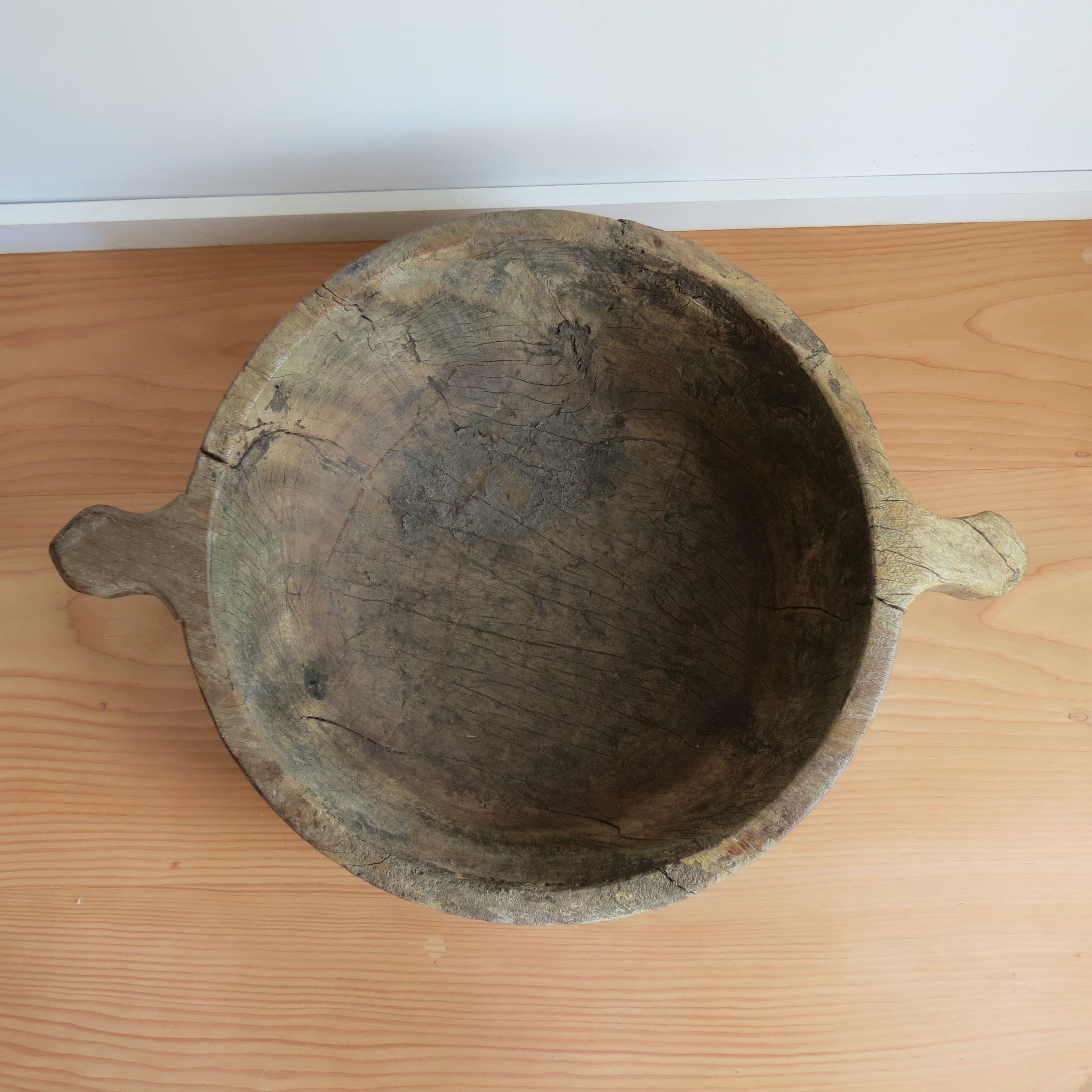 Very large Iroko Wooden Bowl with Handles Wabi Sabi Style 3