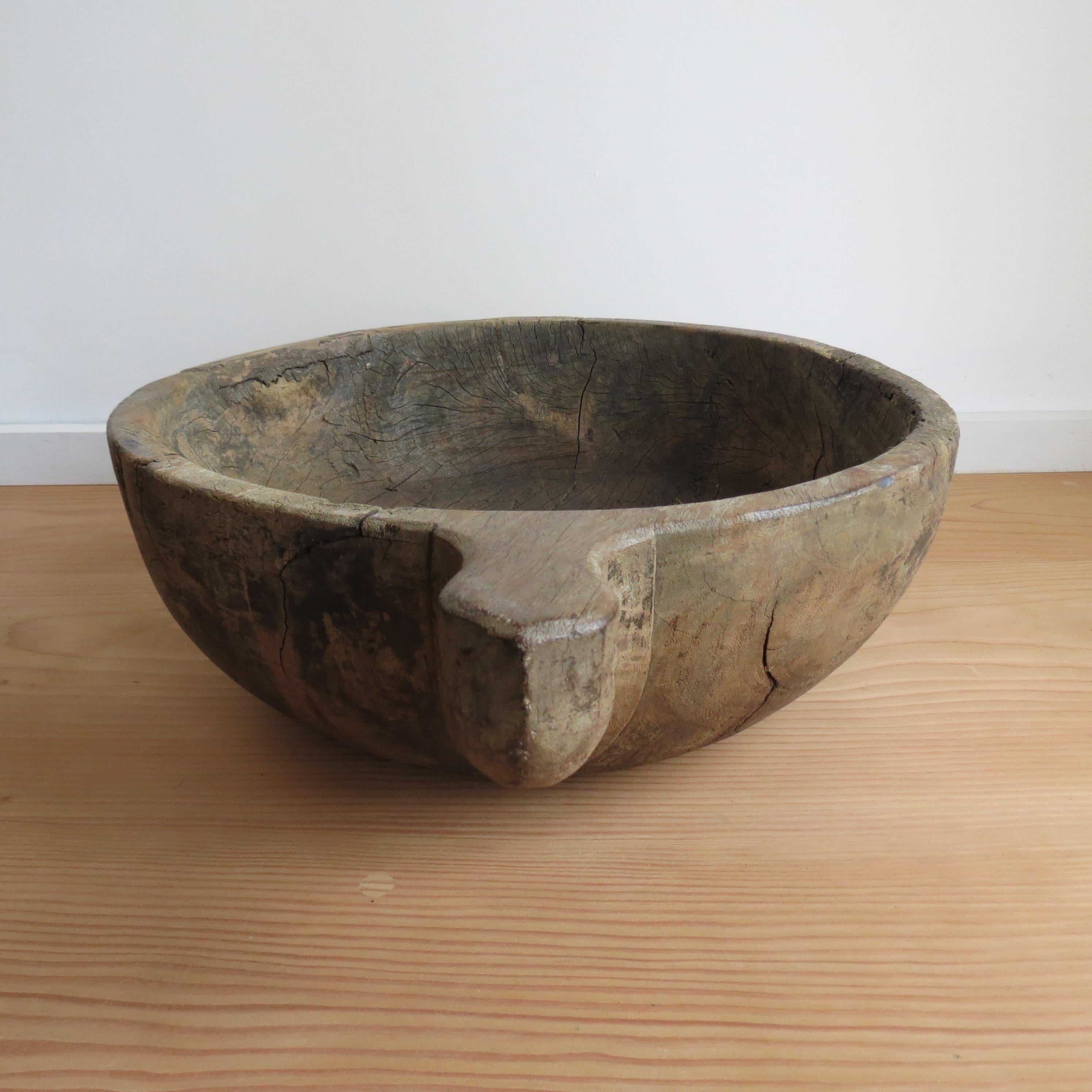 Very large Iroko Wooden Bowl with Handles Wabi Sabi Style 5