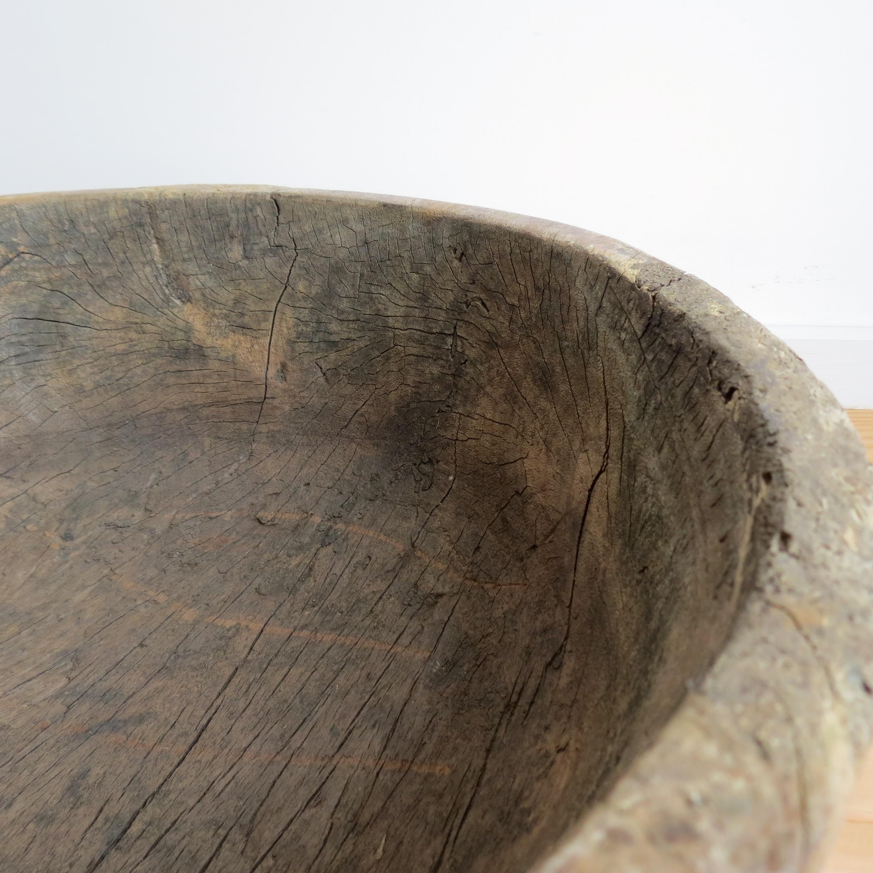 Very large Iroko Wooden Bowl with Handles Wabi Sabi Style 7