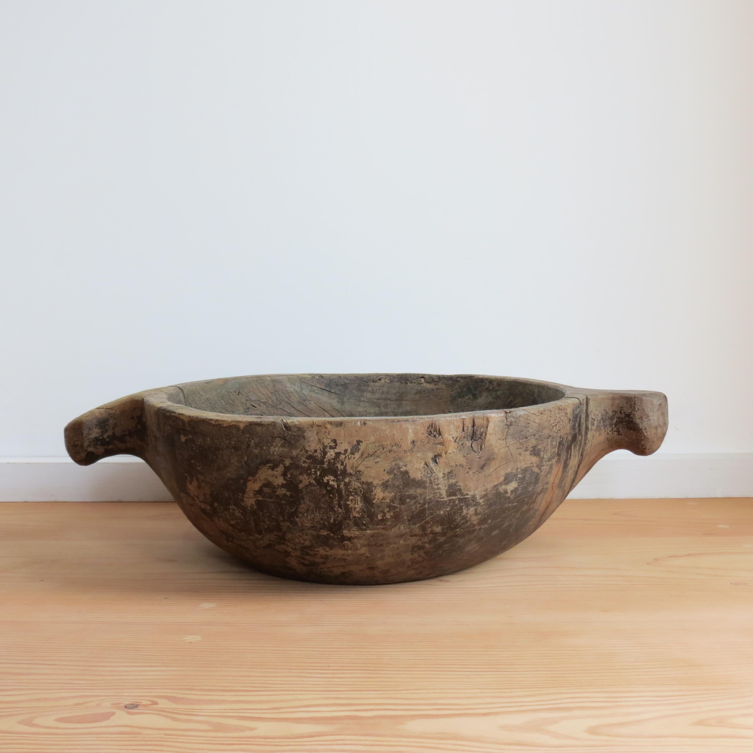 Rustic Very large Iroko Wooden Bowl with Handles Wabi Sabi Style